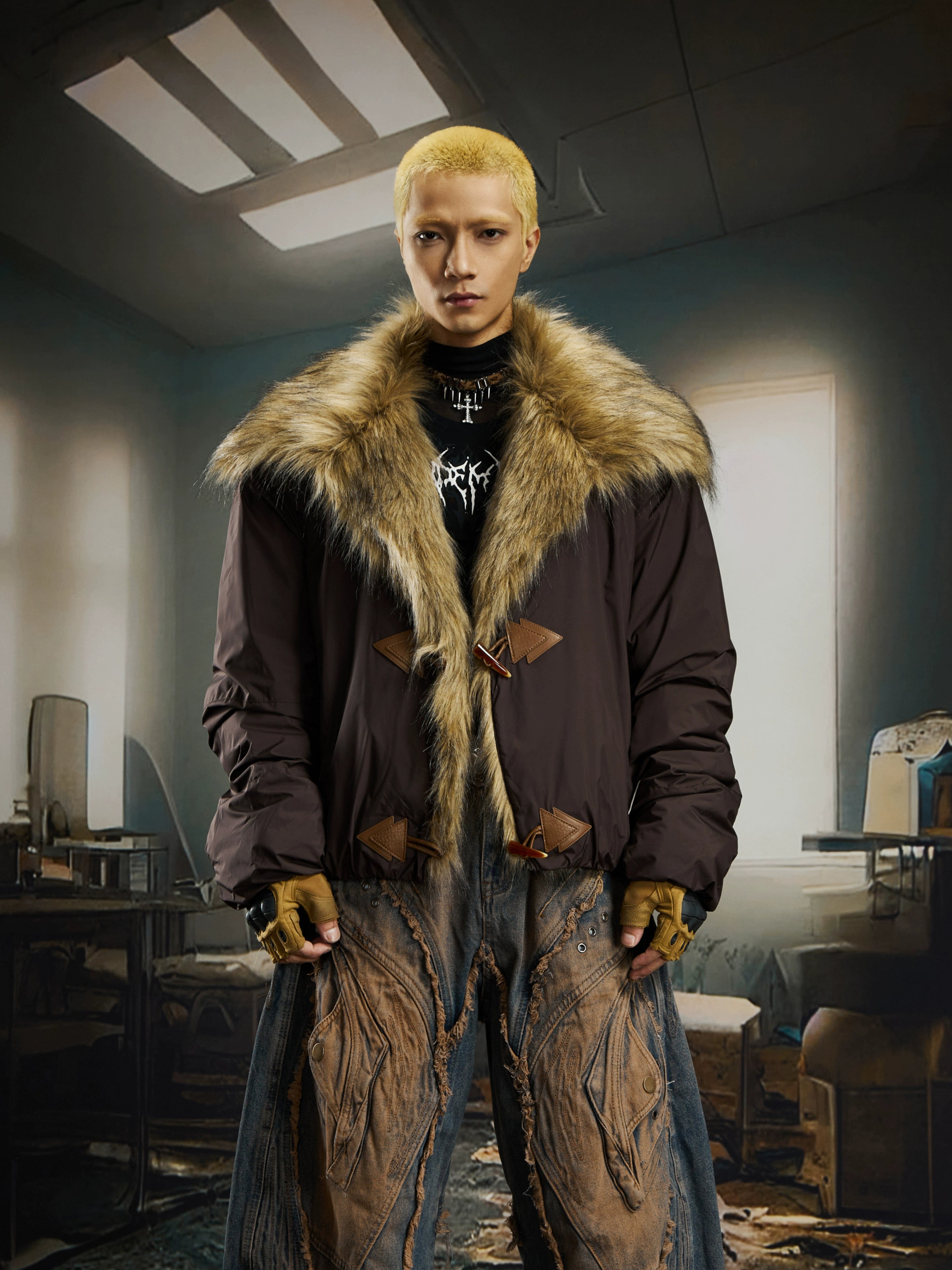 A luxurious wide-lapel cropped puffer with soft fur trim and thick padding. Designed by Sanhoostudio for high-street winter styling with a bold silhouette.