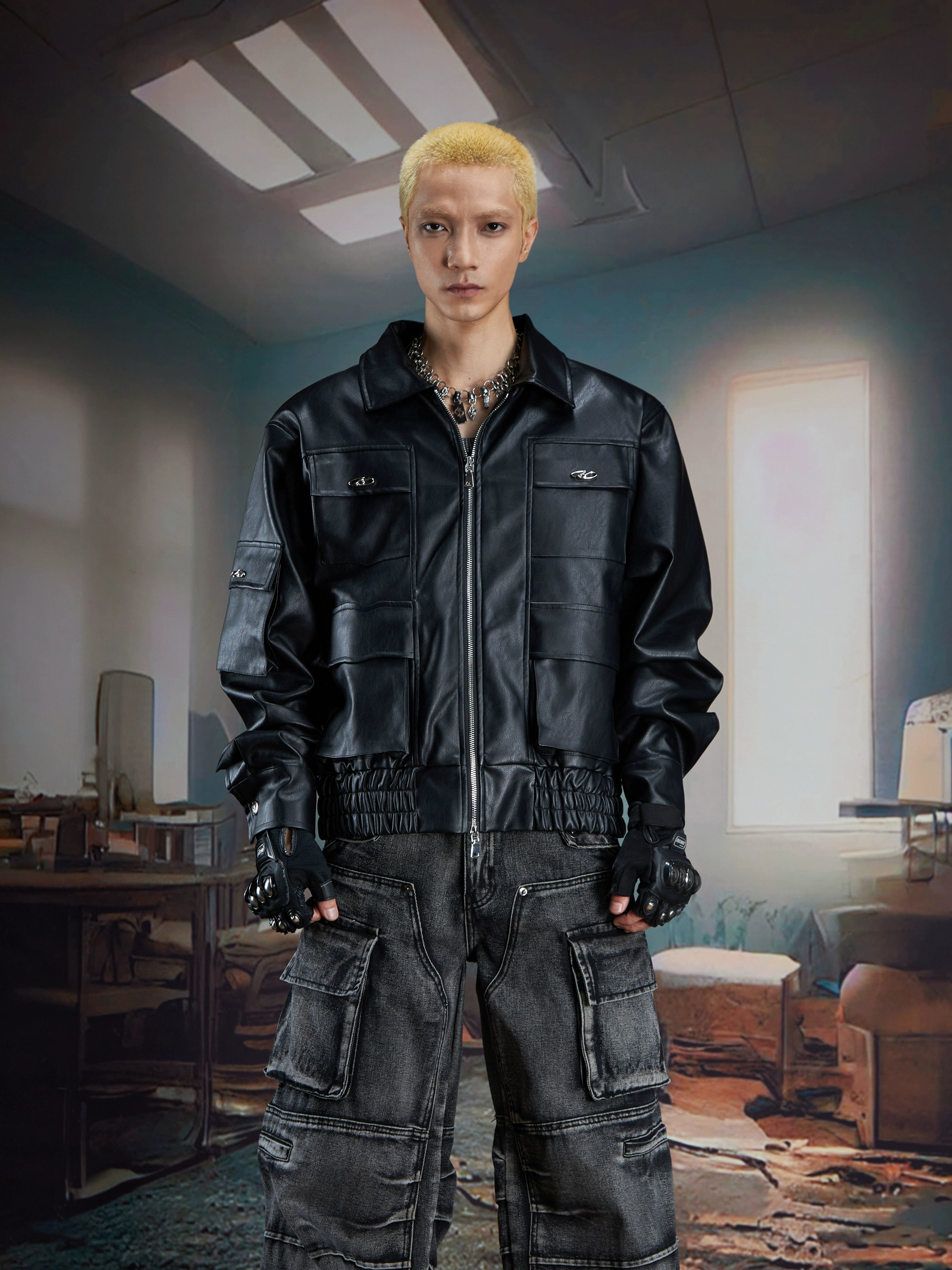 Metal-Detail Short Leather Jacket with Multi-Pocket Design