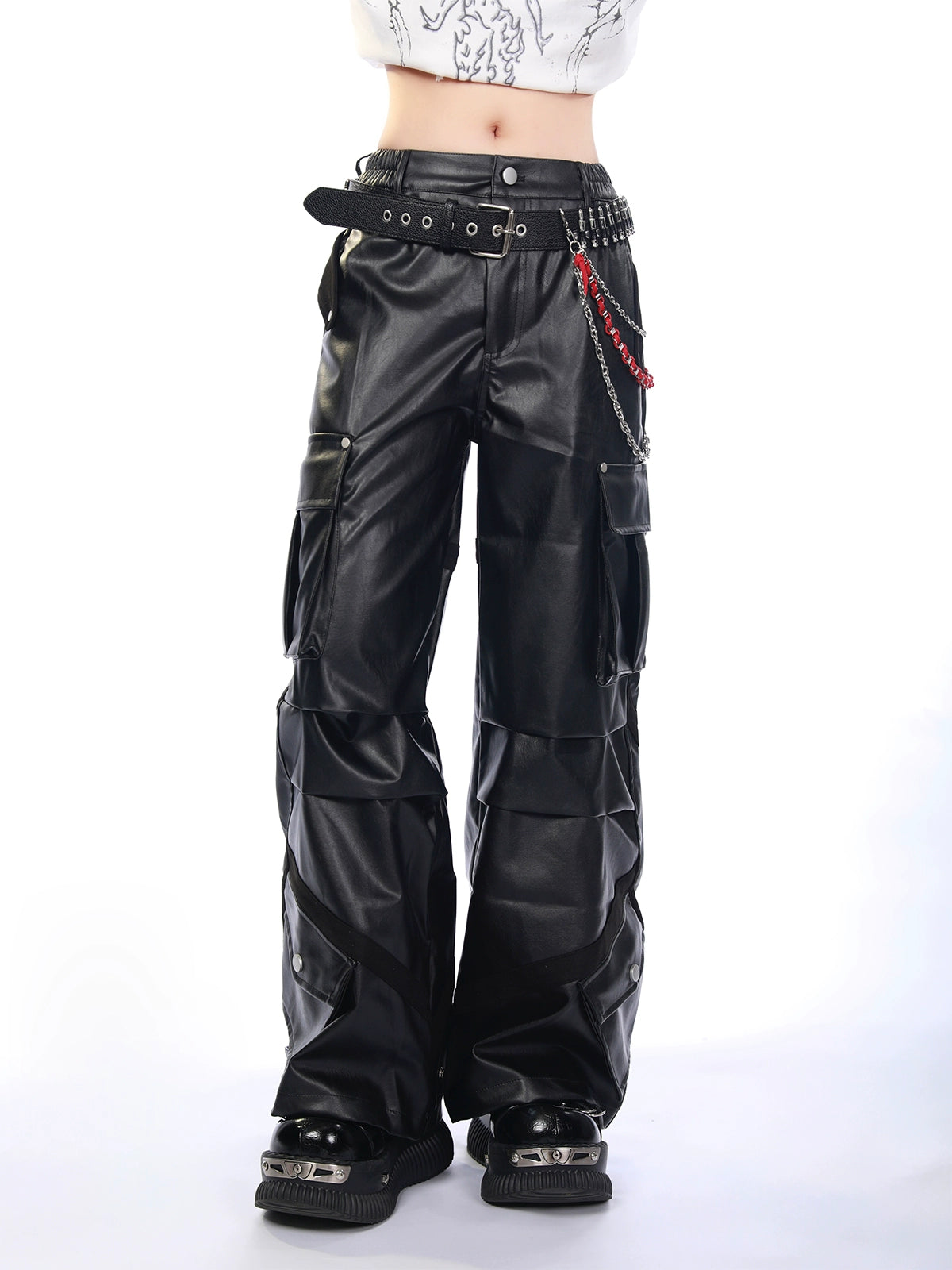 【25s Sep.】Vintage Multi-Pocket Glossy Leather Cargo Pants