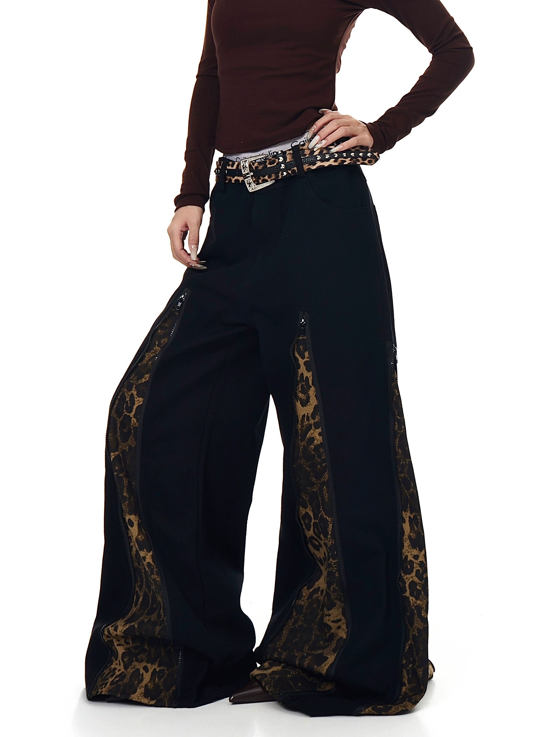 Zipper Patchwork Leopard Flare Denim Jeans