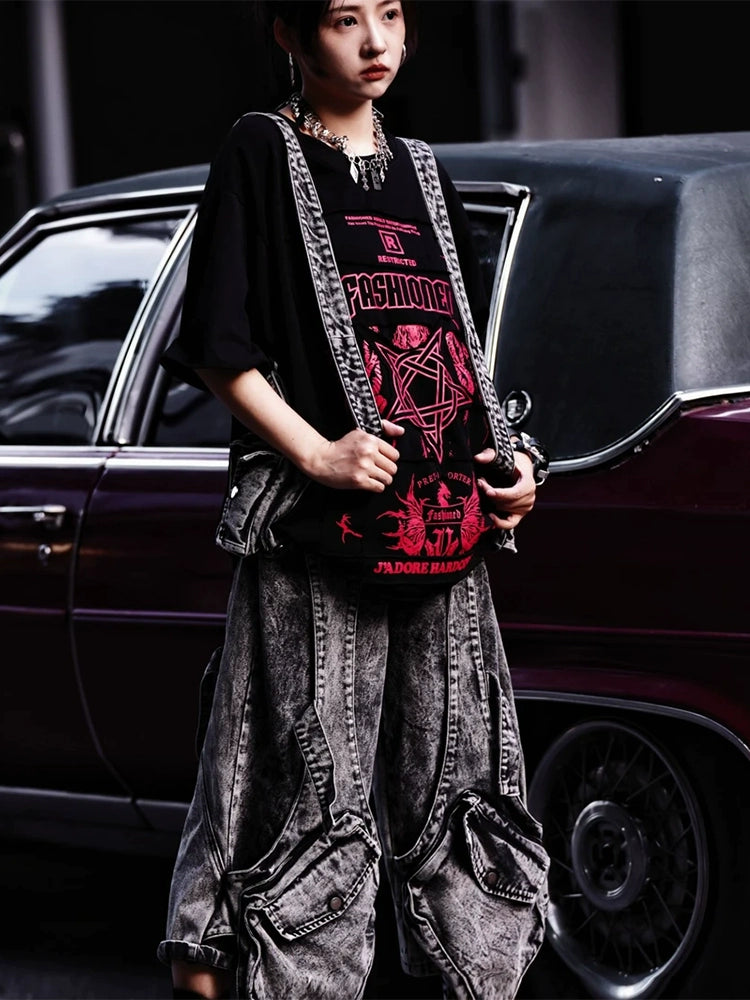 Washed Patchwork Denim Shorts & Overalls