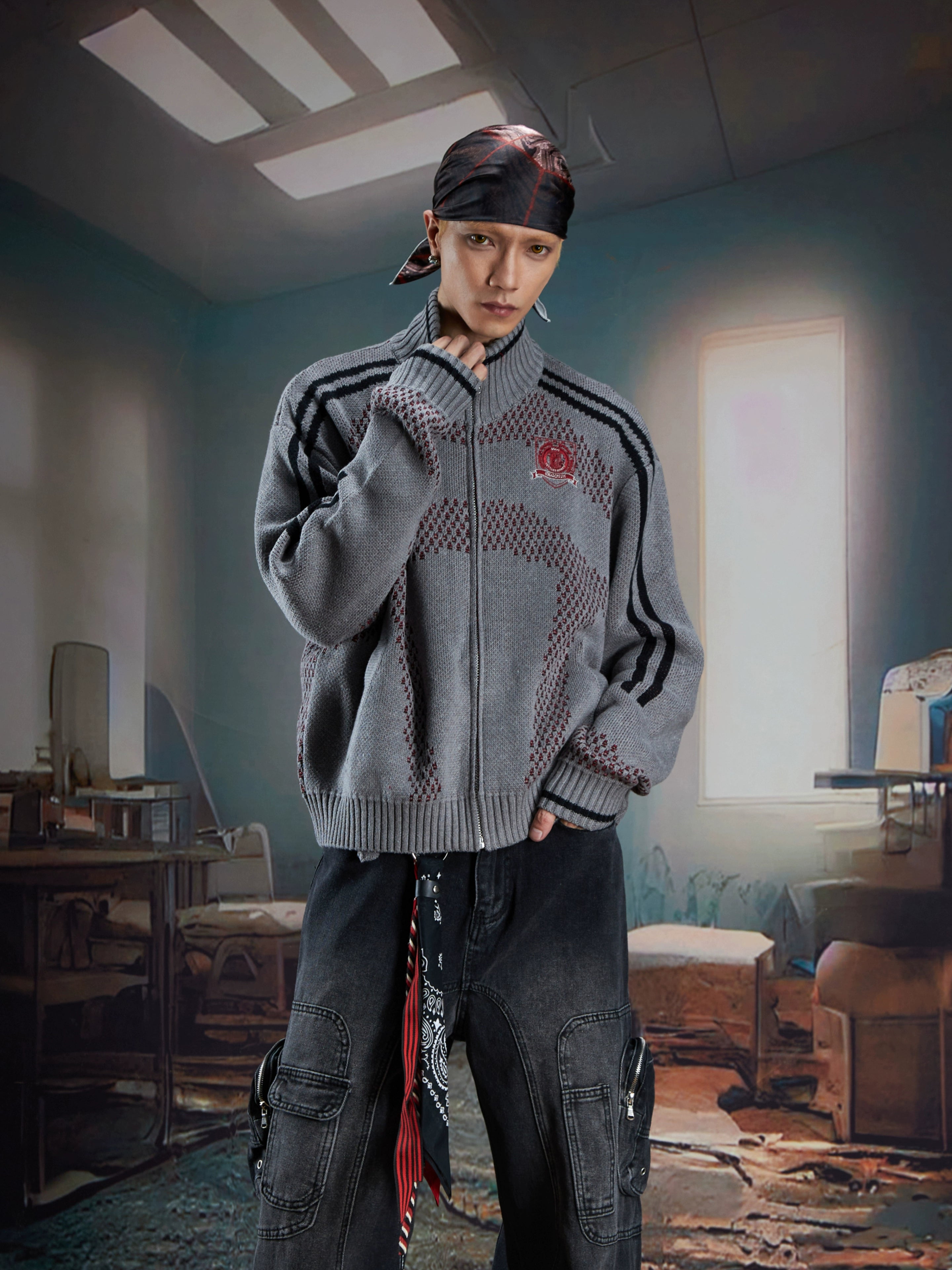 Add vintage sports style to your wardrobe with this retro knit cardigan sweater. Featuring colorblock details and a zip-up stand collar, it blends comfort with classic design. Shop knitwear at Sanhoostudio.