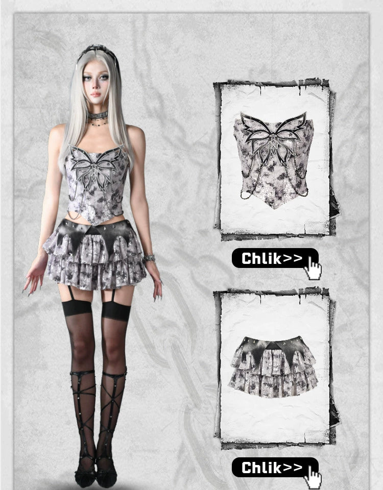 Sanhoostudio Sequin Low-Waist Cake Skirt made from 100% polyester features Y3K punk style with sparkling sequin embellishments. Perfect for summer festivals, streetwear, and party outfits.