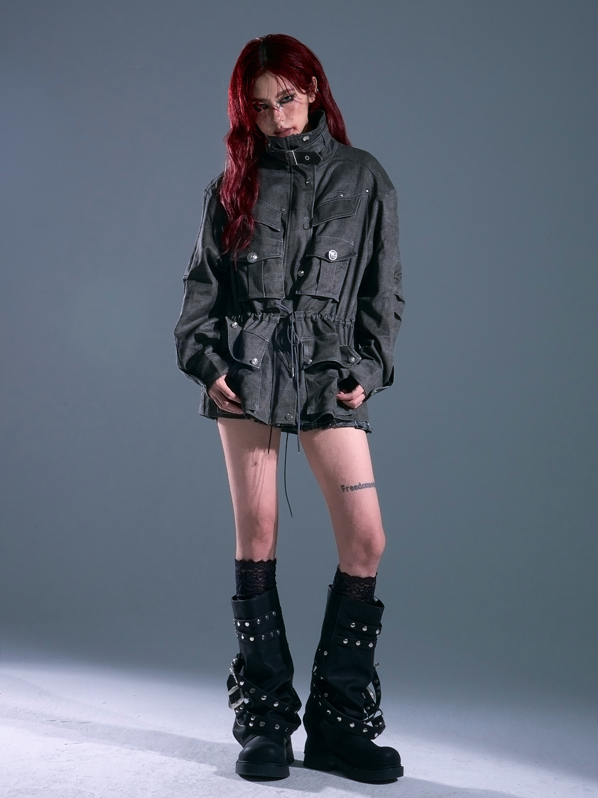 Vintage Washed Utility Jacket with Drawstring