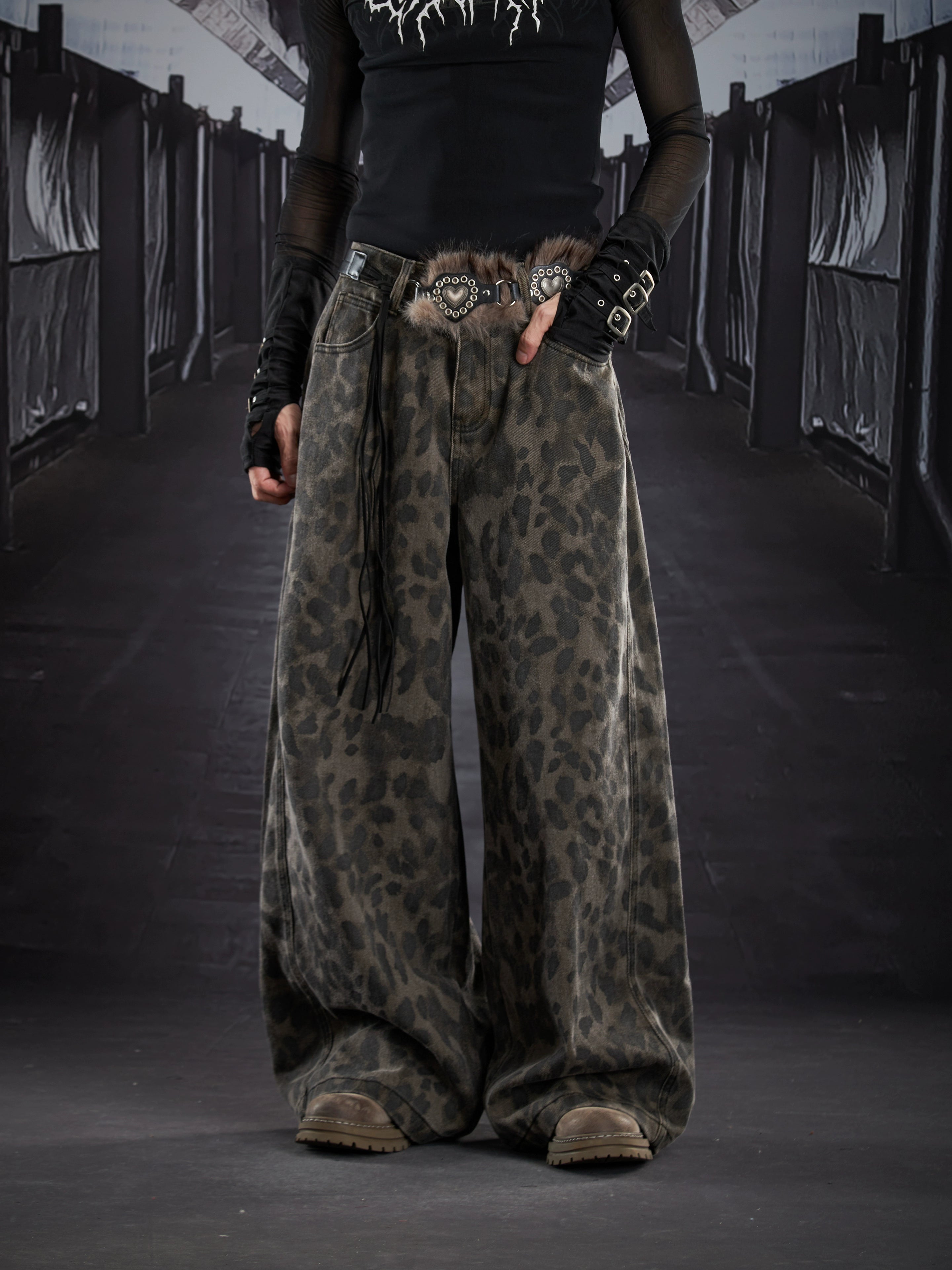 Washed Leopard Wide-Leg Streetwear Pants
