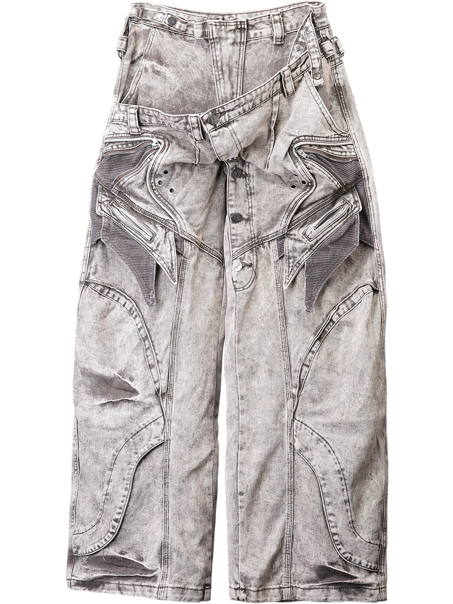 Sanhoostudio wide leg denim pants featuring double waist design, distressed wash, and scythe-cut silhouette. Designed for modern streetwear styling with a loose fit, durable structure, and bold urban aesthetic for everyday wear.