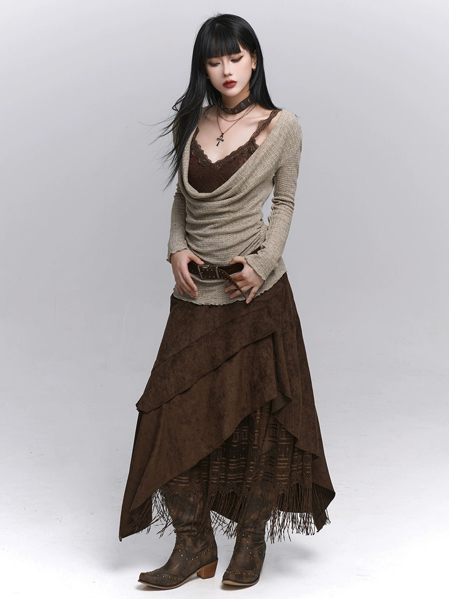 Brown Suede A-Line Maxi Skirt
