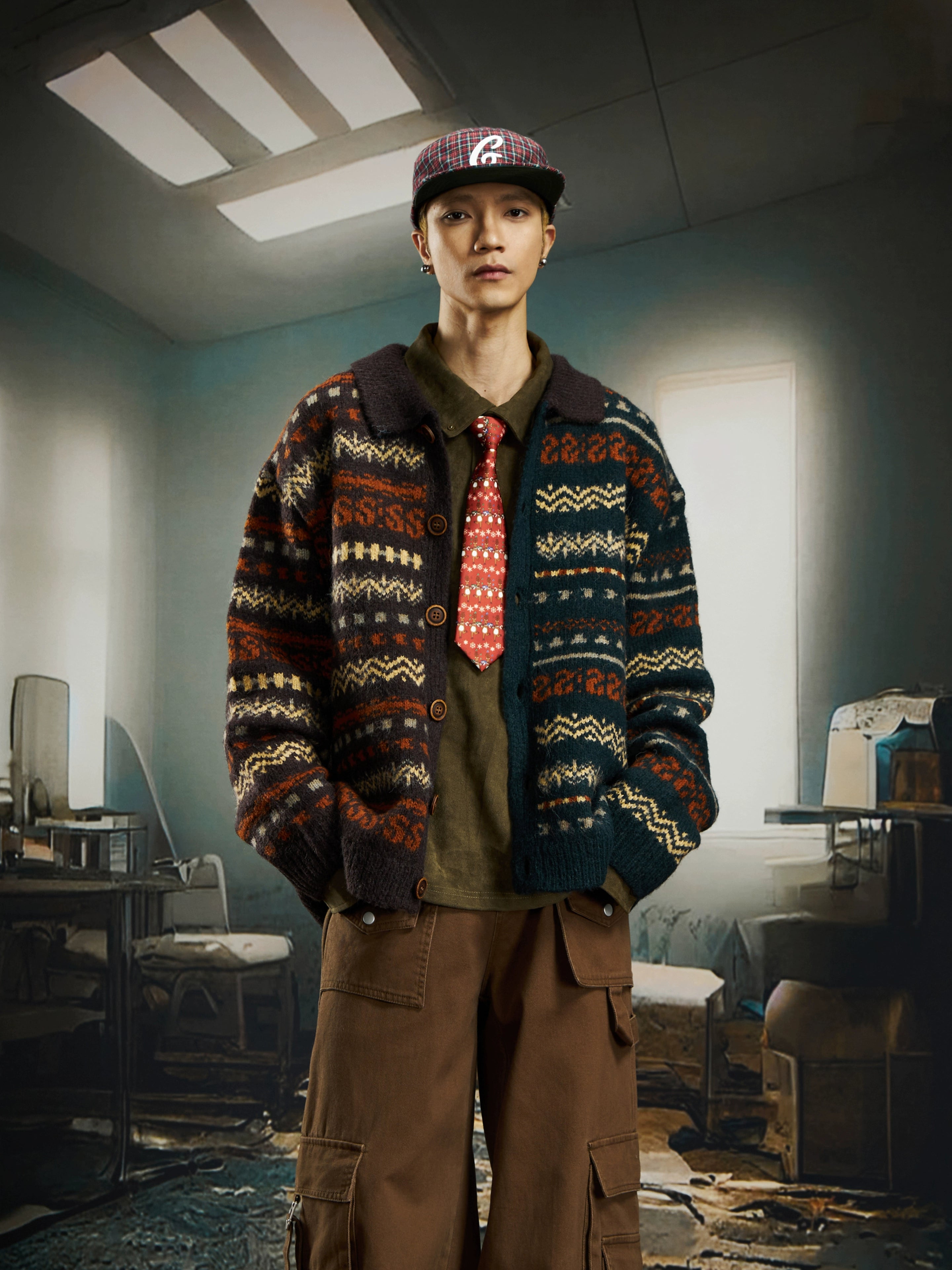 Retro Fair-Isle Color-Block Knit Cardigan with Oversized Fit