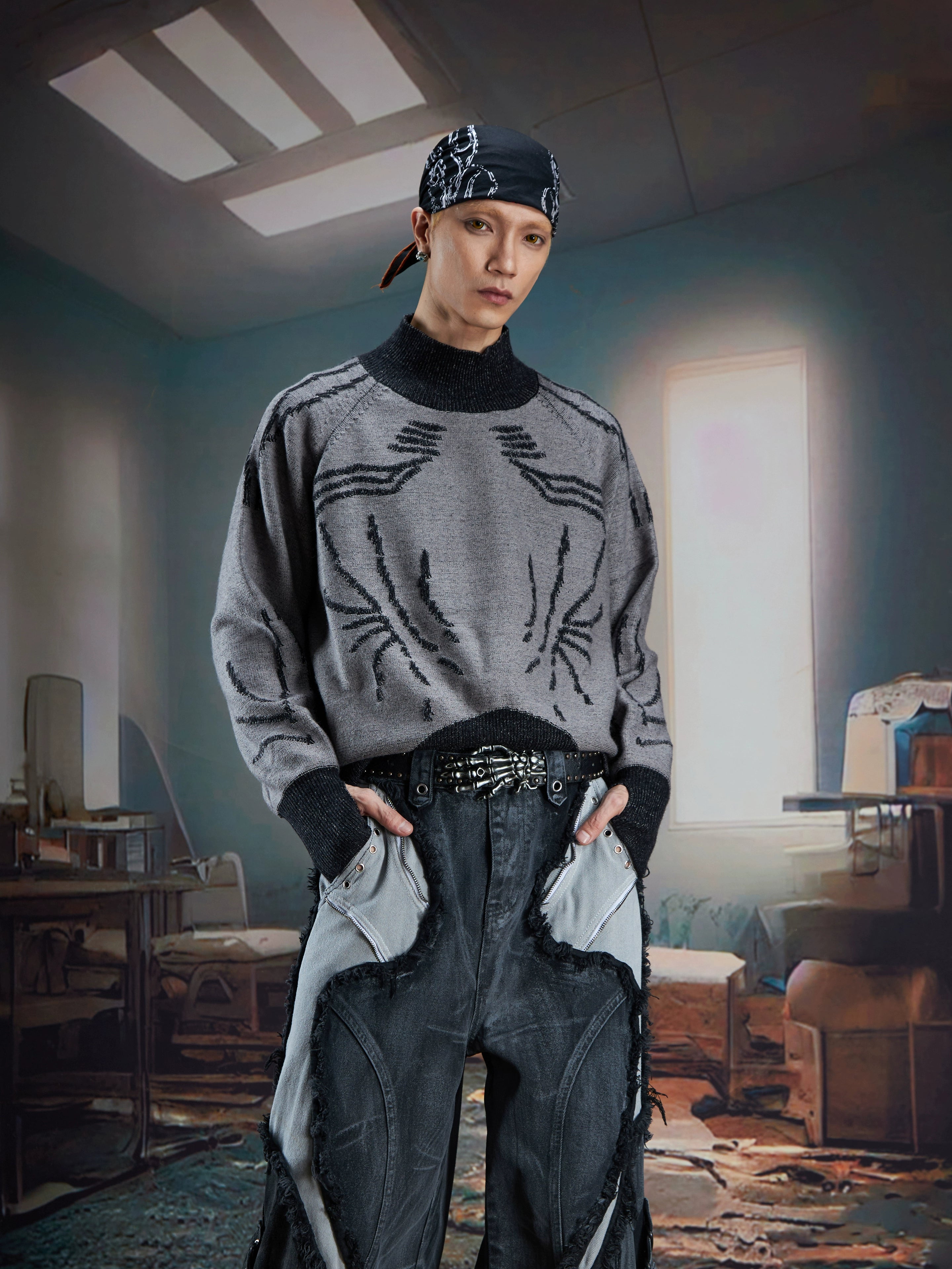 Futuristic Turtleneck Knit Sweater with Ninja Sleeve Design