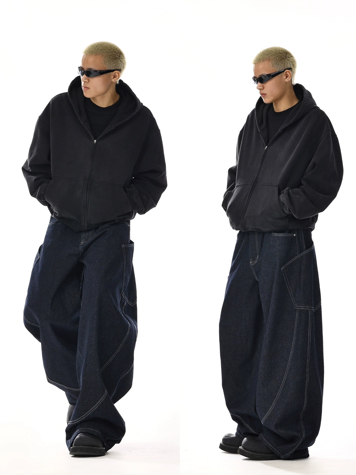 Oversized Wide-Leg Curved Denim Jeans with Retro Streetwear Fit