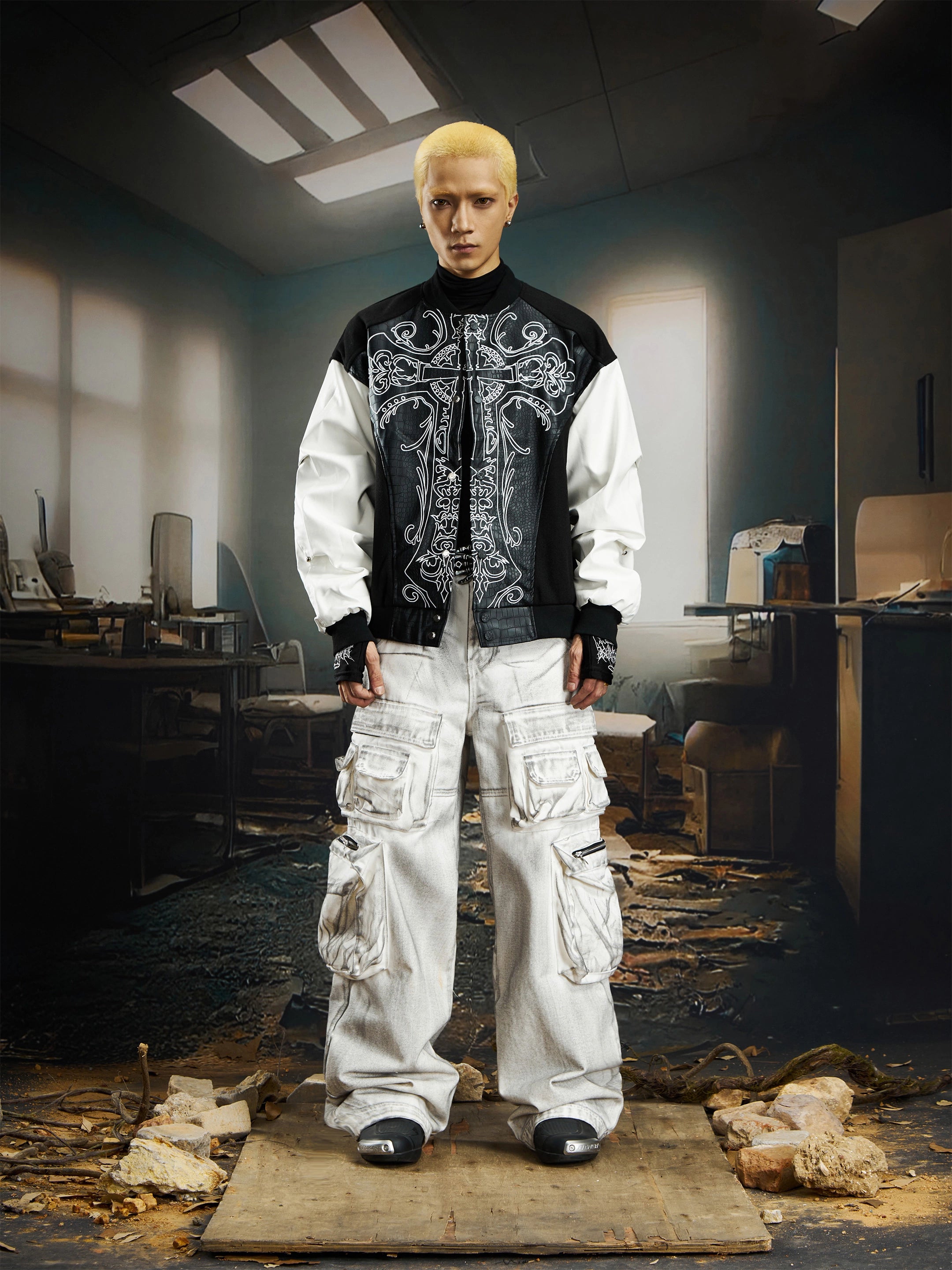 Snake-Pattern PU Deconstructed Varsity Jacket