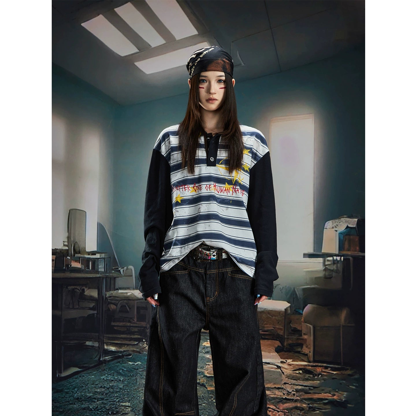 Layered Distressed Stripe Polo Shirt with Graphic Print