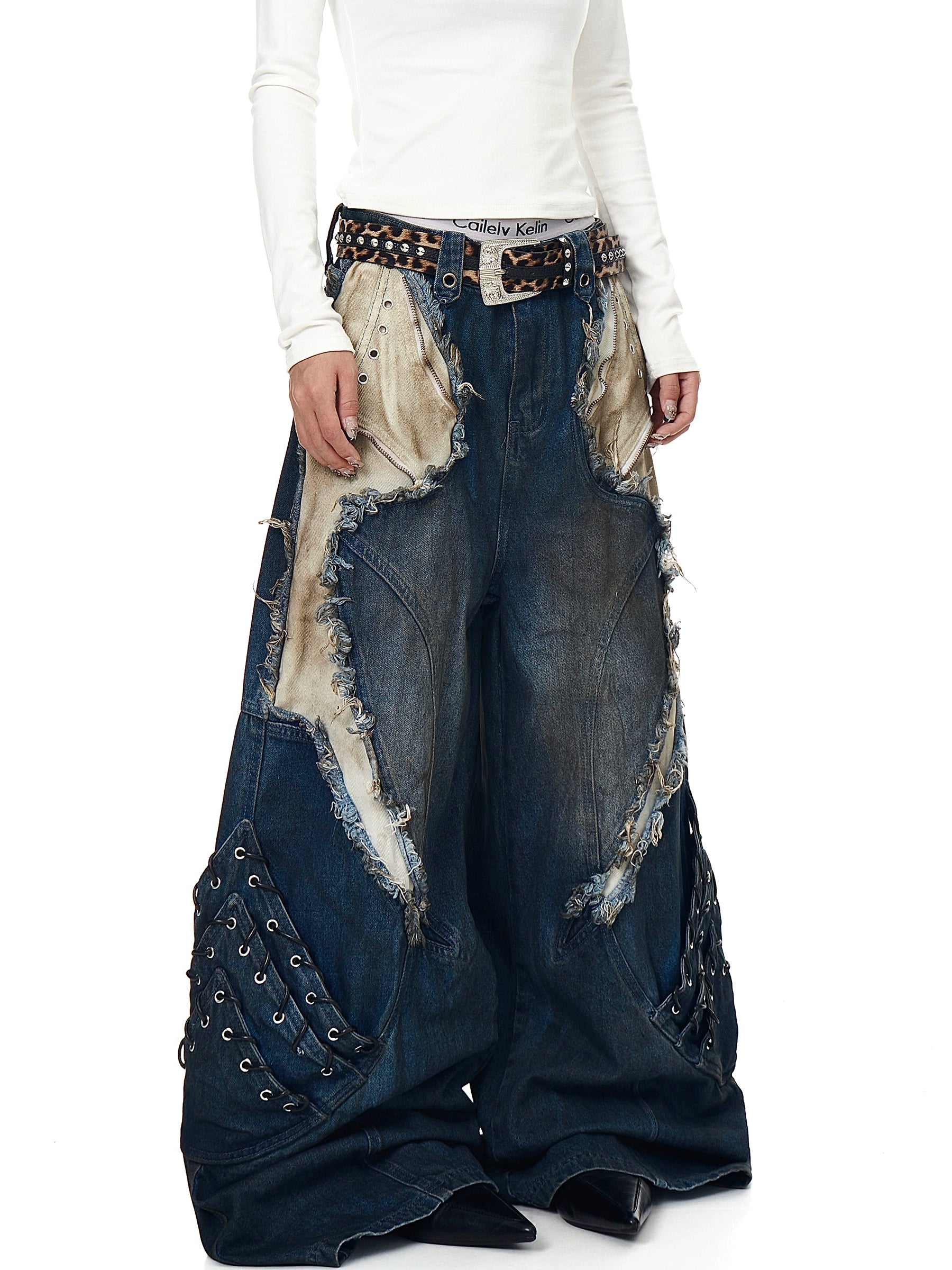 Heavy Washed Patchwork Distressed Deconstructed Wide-Leg Denim Pants