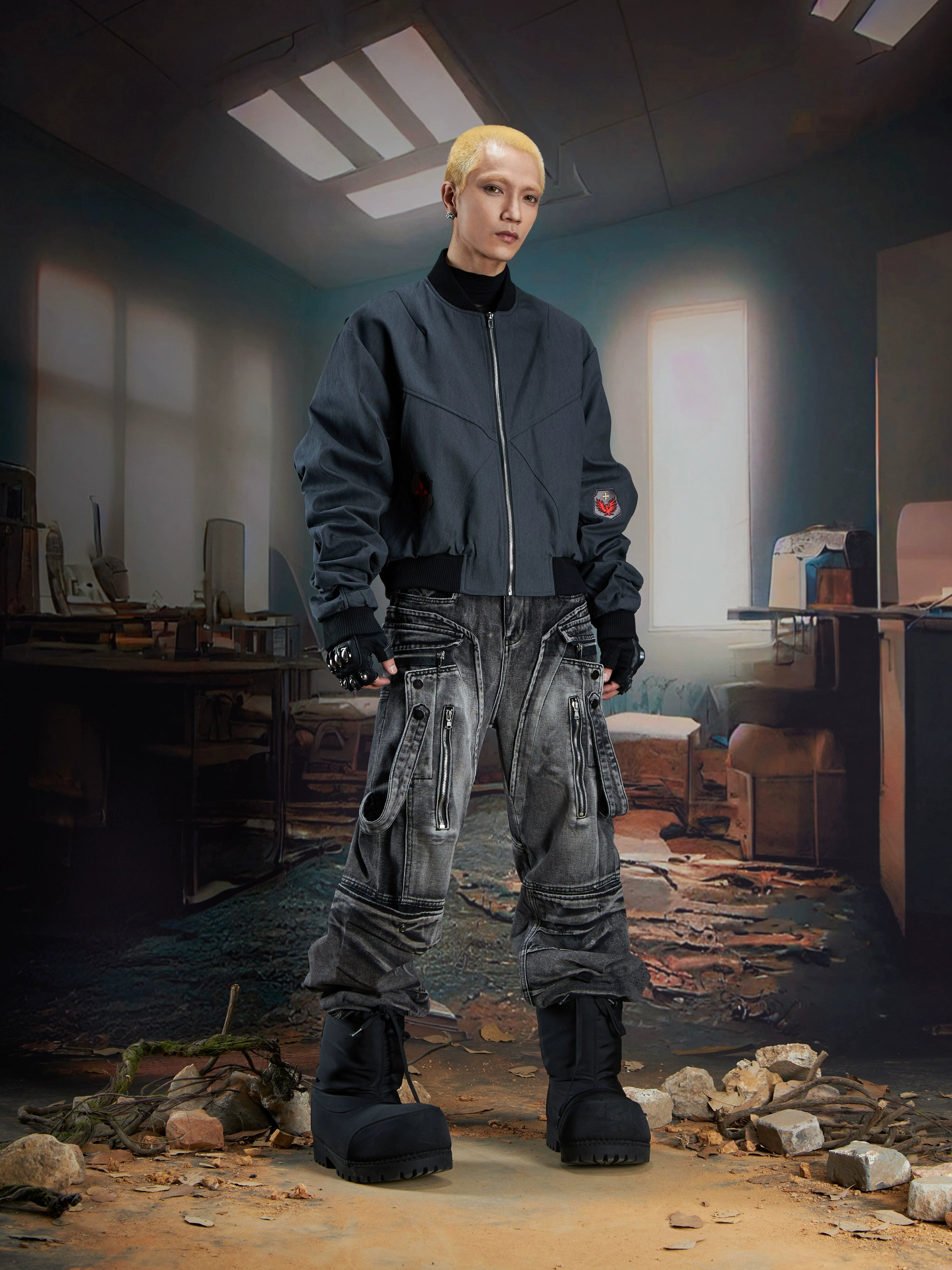 Embroidered Textured Short Zip-Up Jacket with Gathered Sleeves