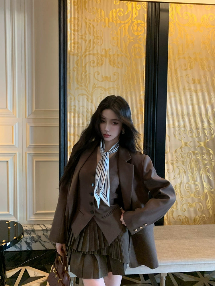 Preppy Blazer Vest Skirt Set