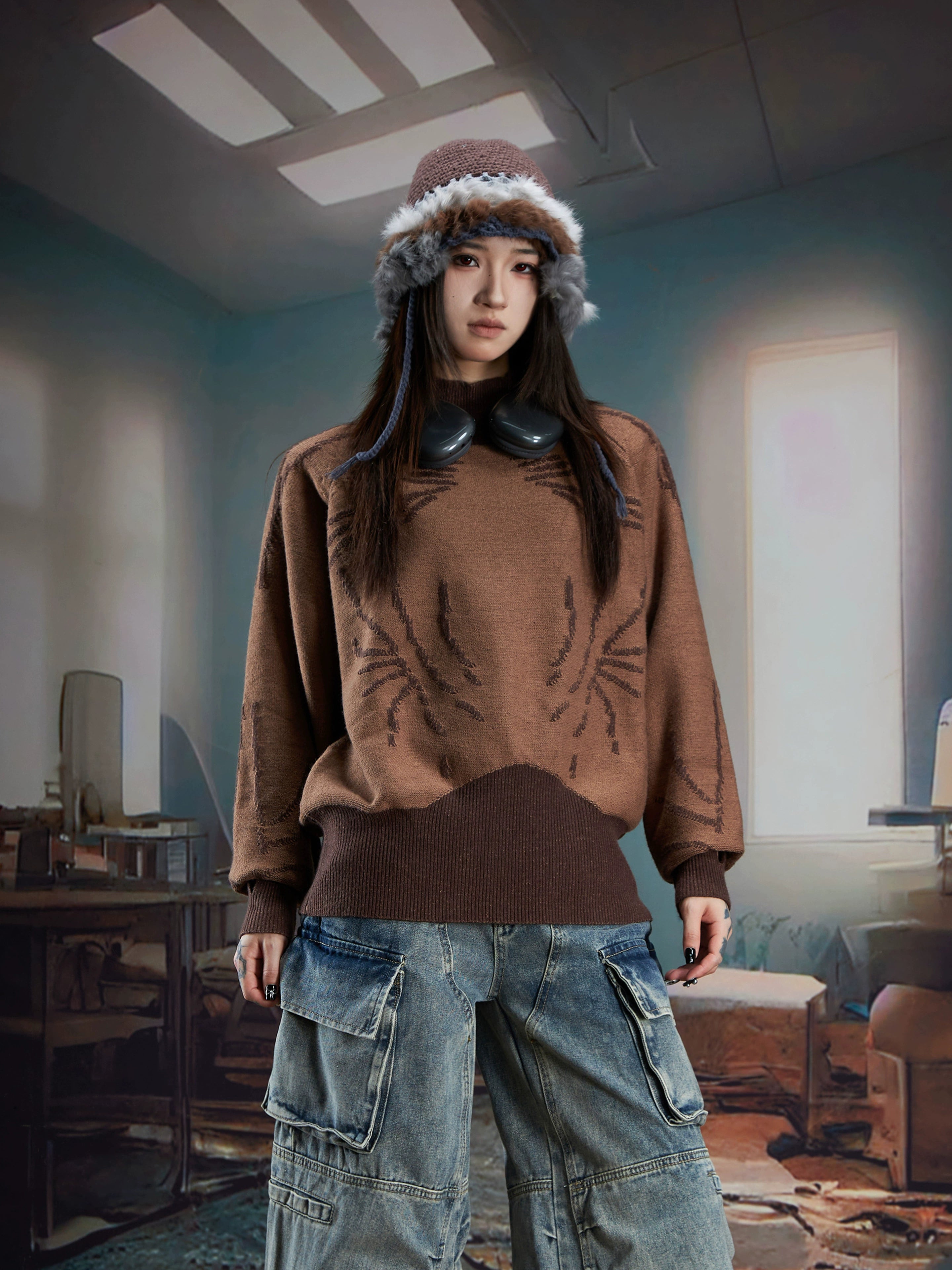 Futuristic Turtleneck Knit Sweater with Ninja Sleeve Design