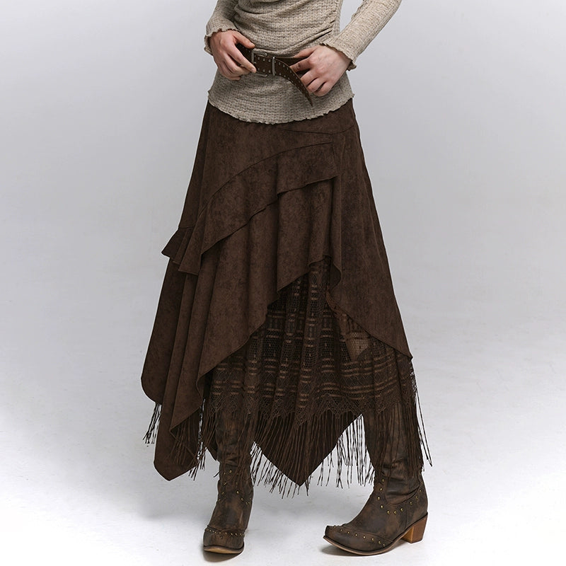 Brown Suede A-Line Maxi Skirt