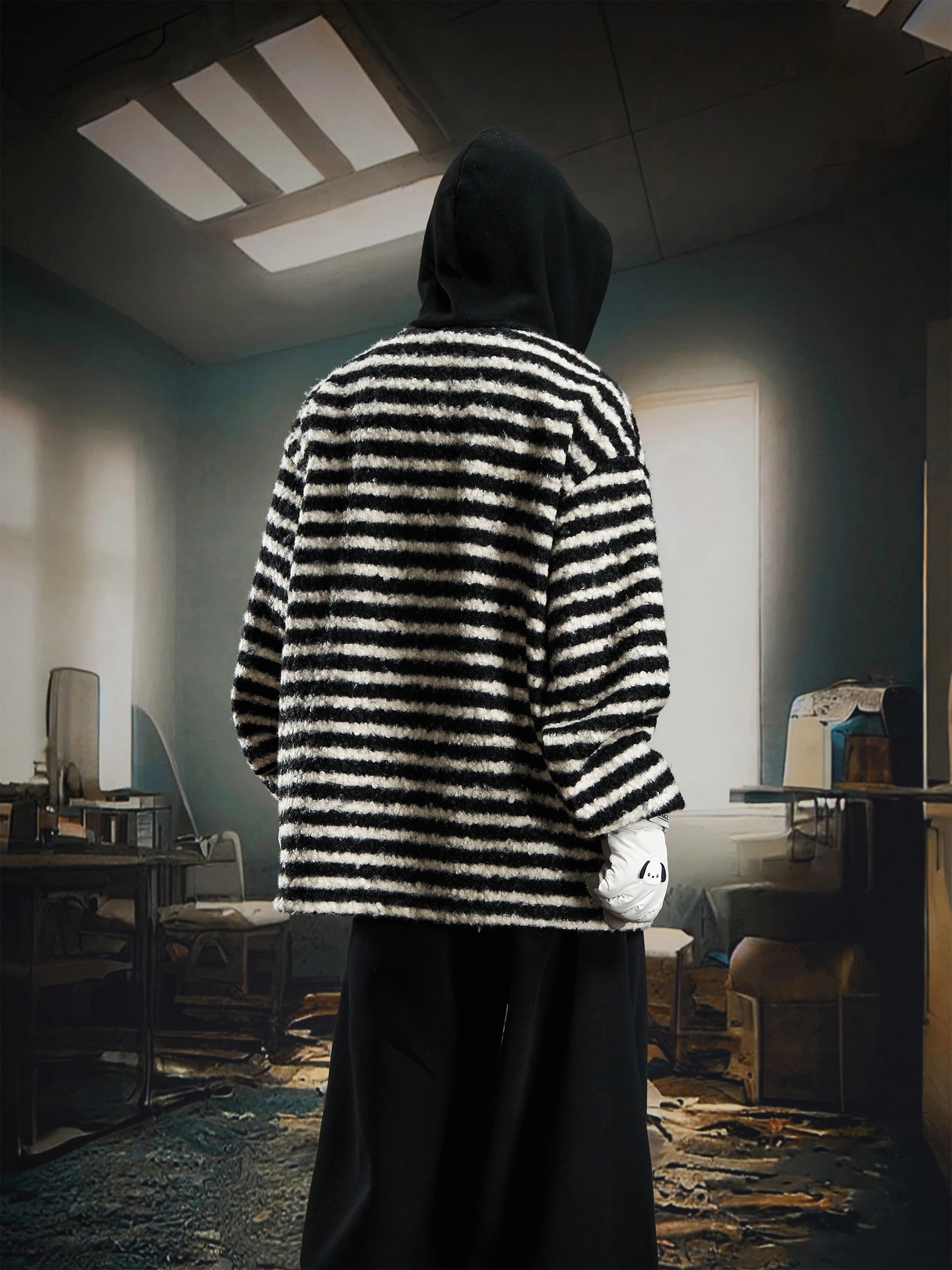 Striped Fleece Drawstring Hoodie with Cashmere Touch