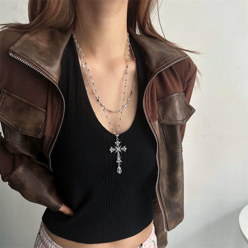 Y2K Crystal Beaded Cross Layered Necklace