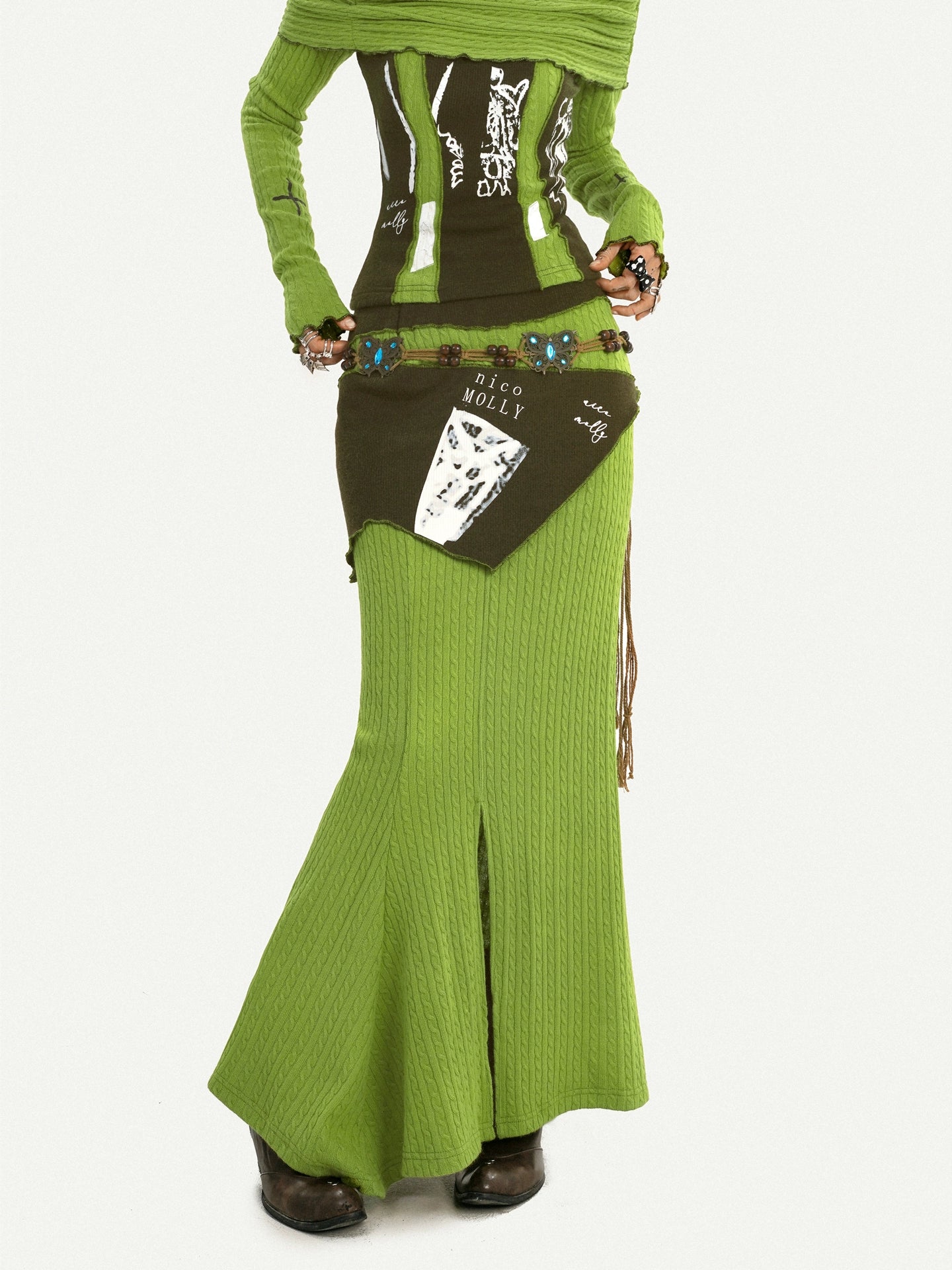 Avant-Garde Olive Off-Shoulder Fitted Split Long Dress Two-Piece Set