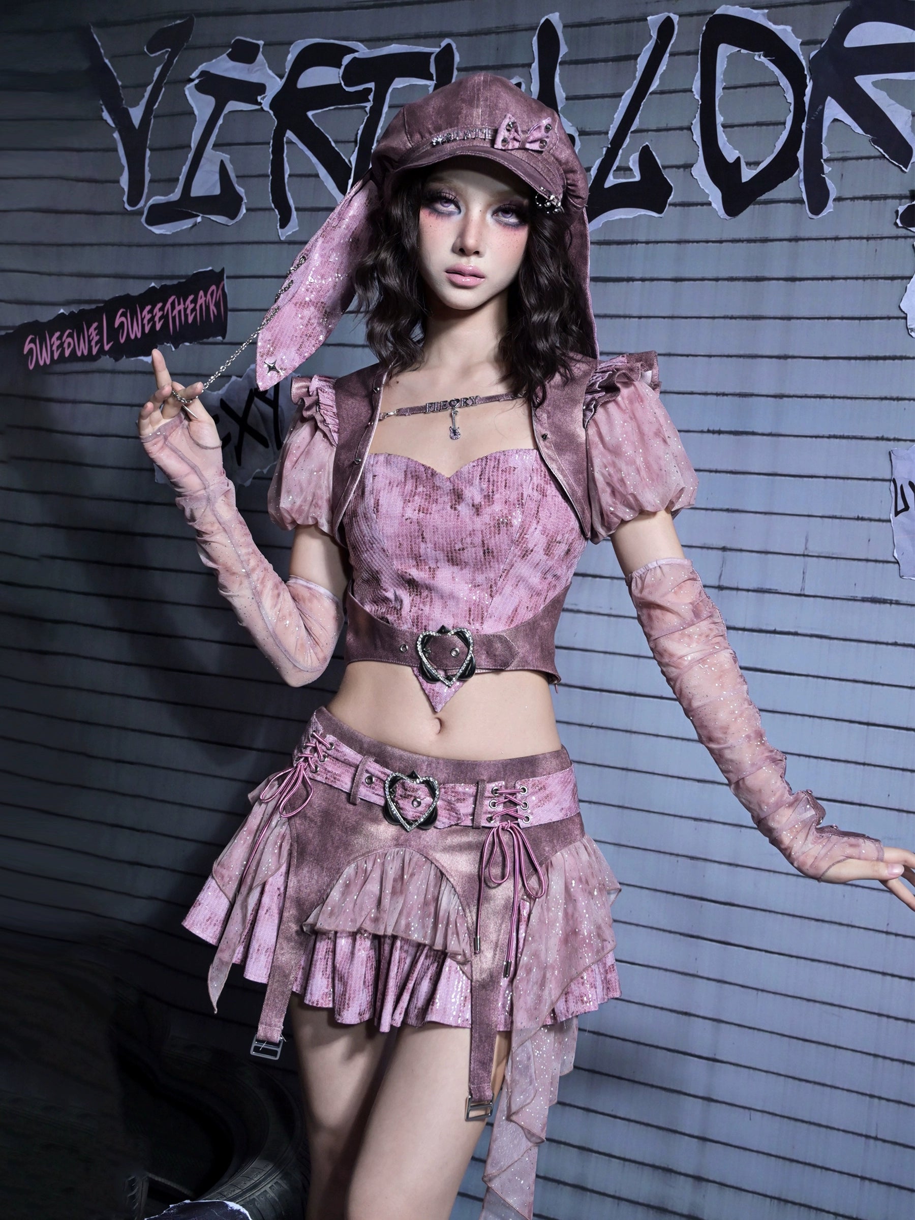 Sanhoostudio Sequin A-Line Denim Skirt crafted from 100% polyester features Y2K punk style with lace-up details and sparkling sequins. Perfect for streetwear, summer festivals, or casual outings.