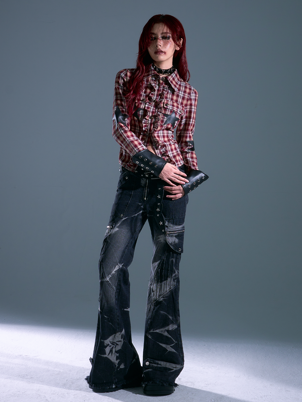 Punk Star Patchwork Slim Plaid Shirt