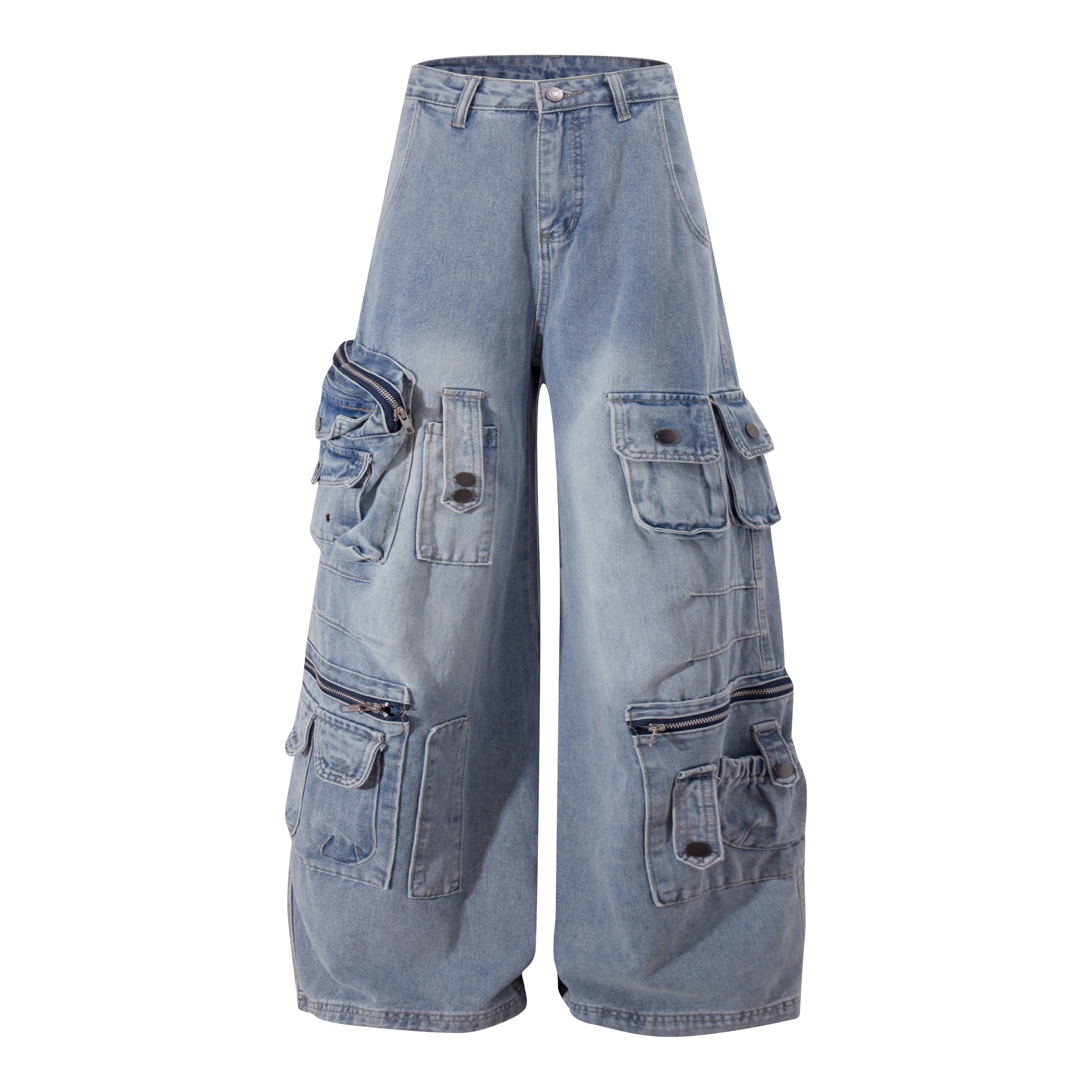 High Street Distressed Multi-Pocket Denim Cargo Pants