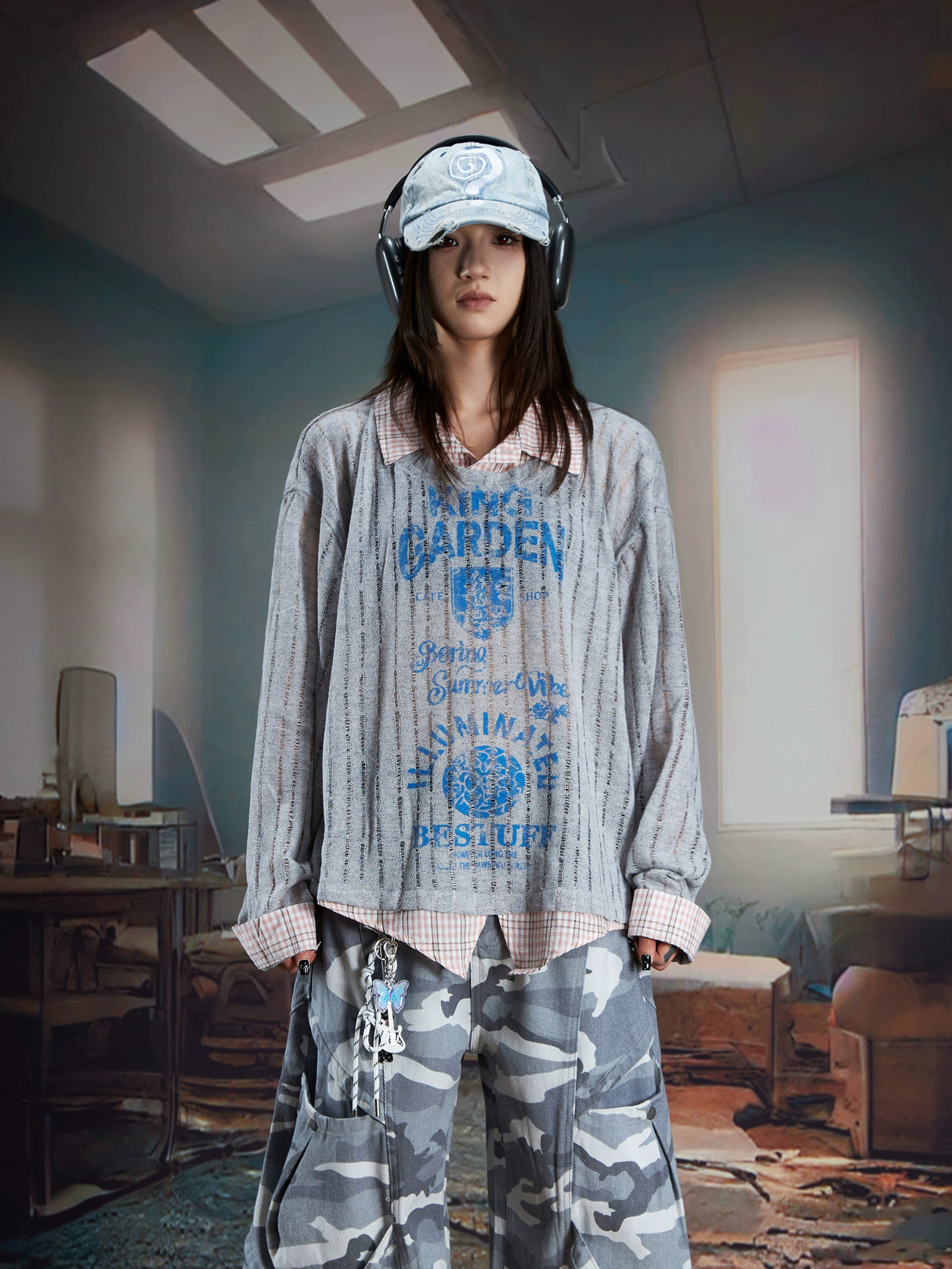 Lightweight Layered V-Neck Shirt-Collar Long Sleeve Top