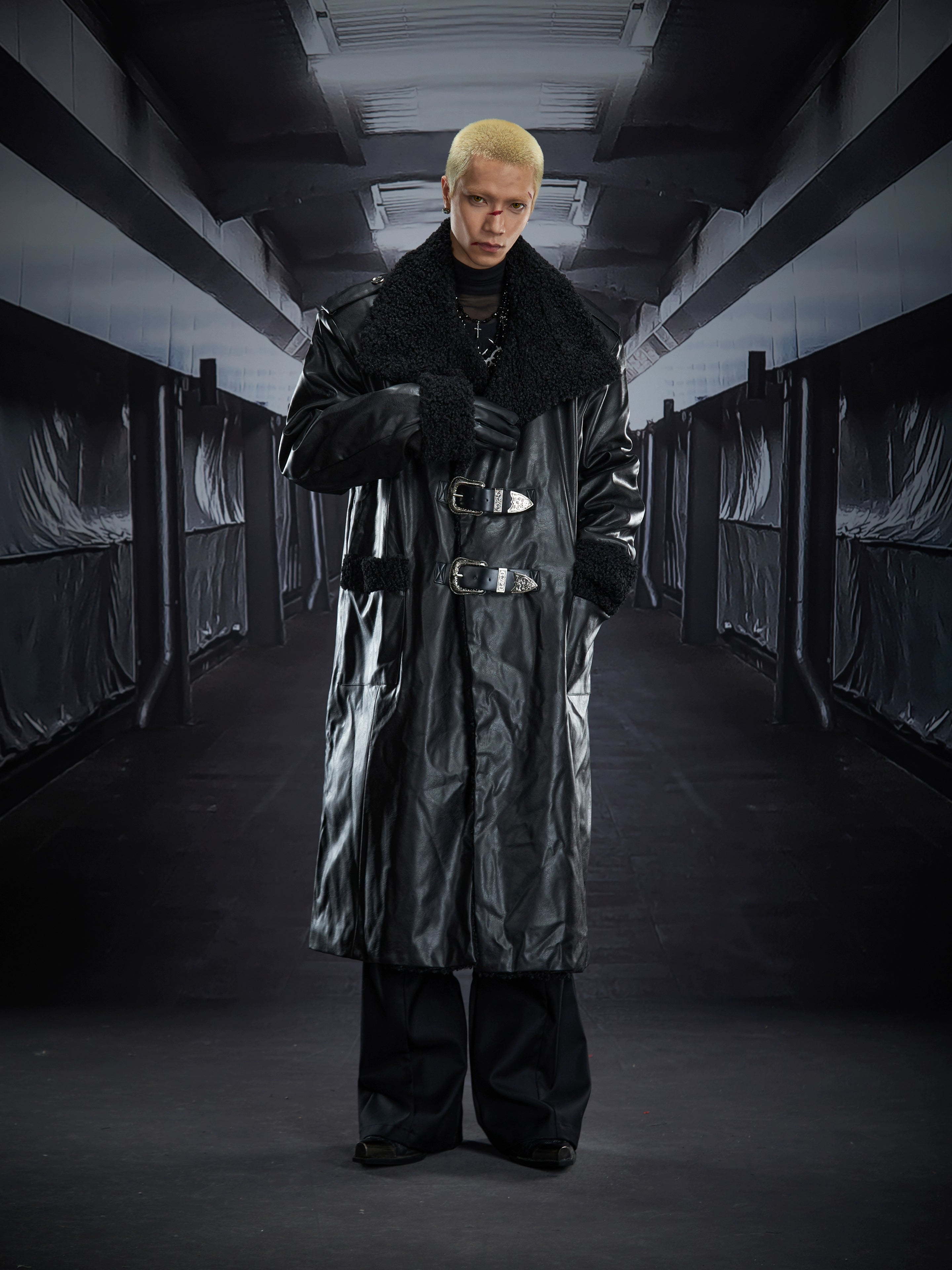 Belted Shearling-Lined Oversized Leather Trench Coat