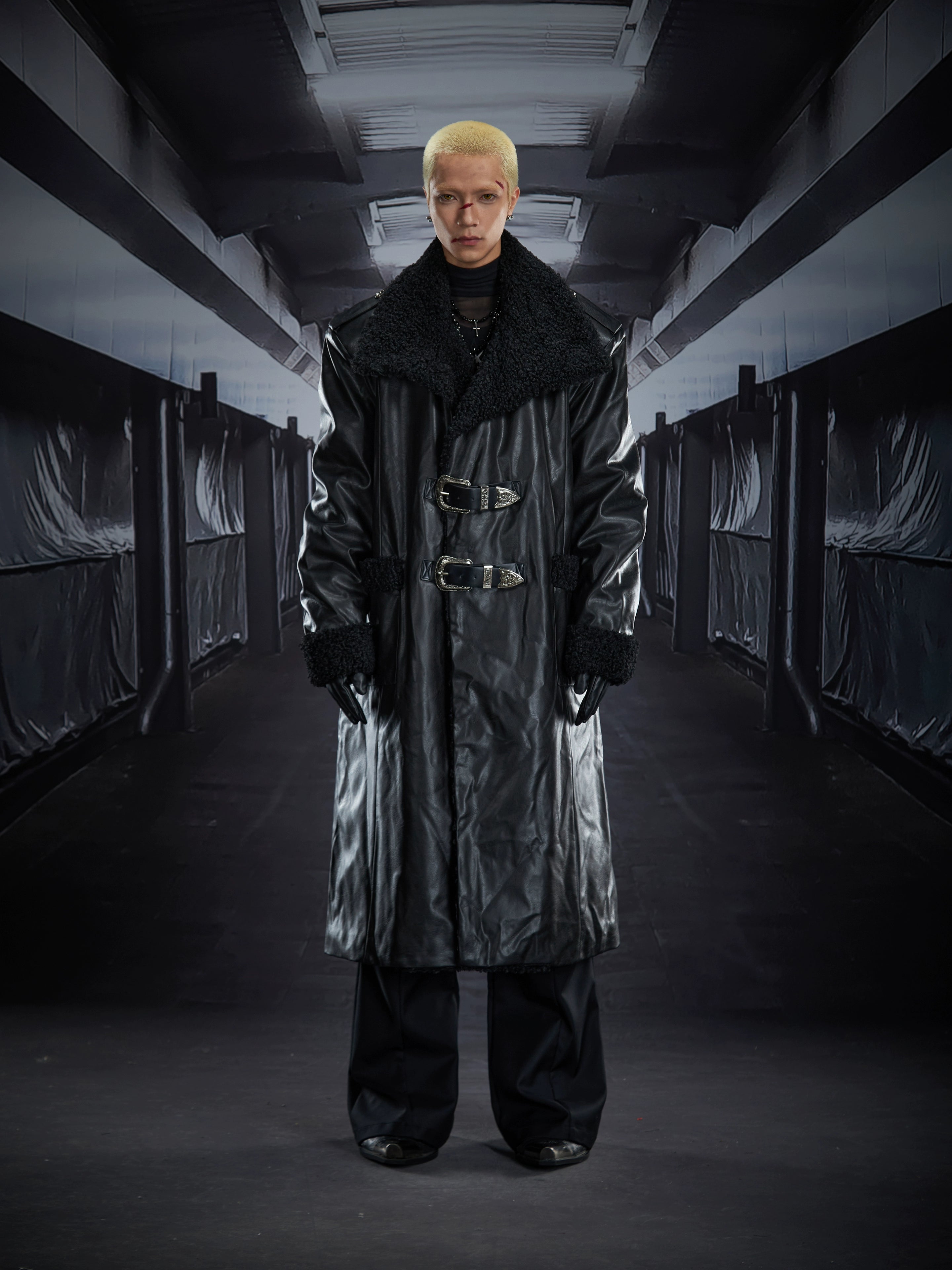 Belted Shearling-Lined Oversized Leather Trench Coat