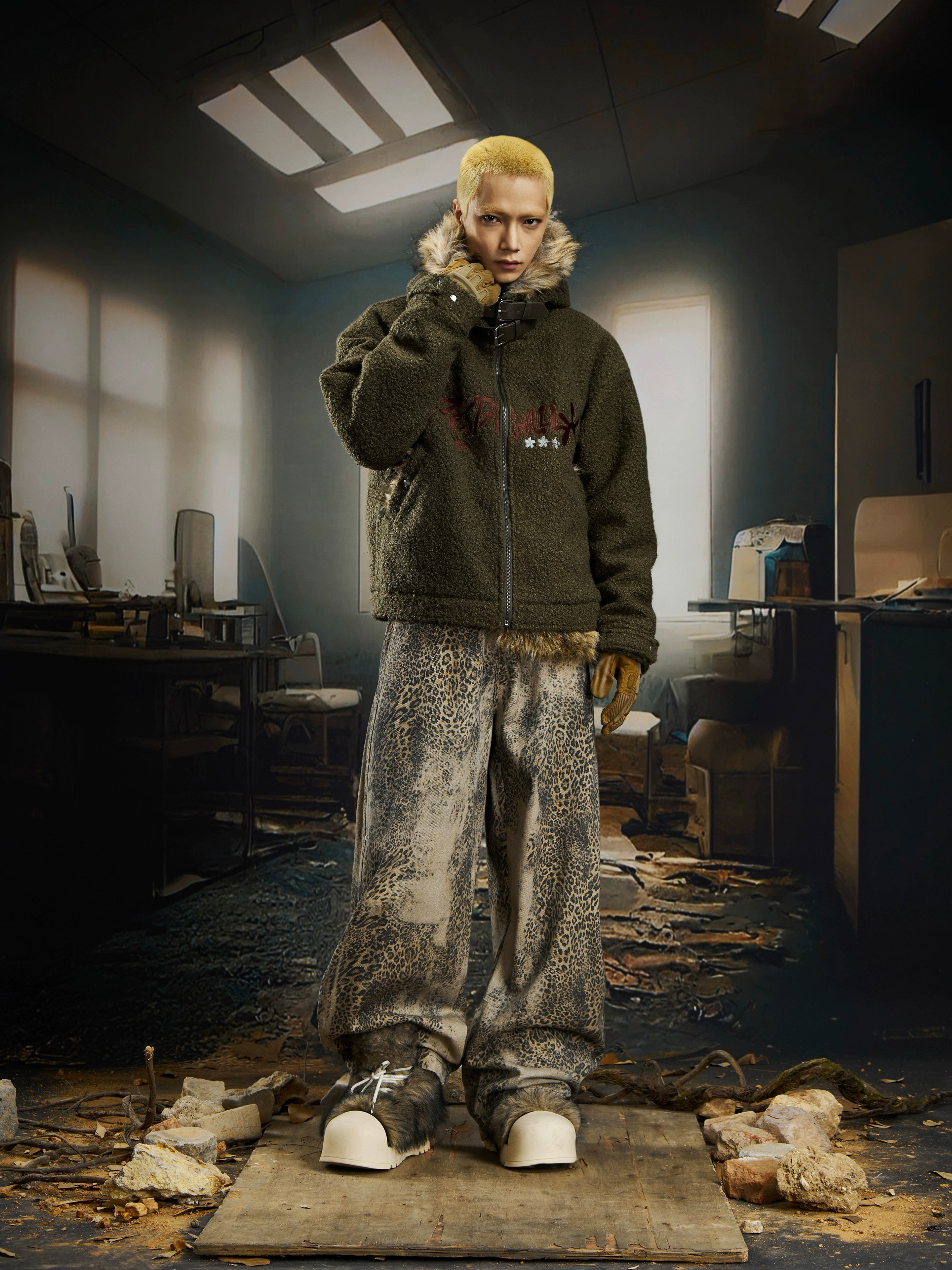 Embroidered Faux-Shearling Belted Hooded Puffer Coat