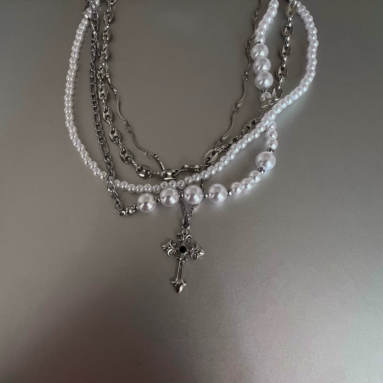 California Cross Pearl Multi-Layer Necklace