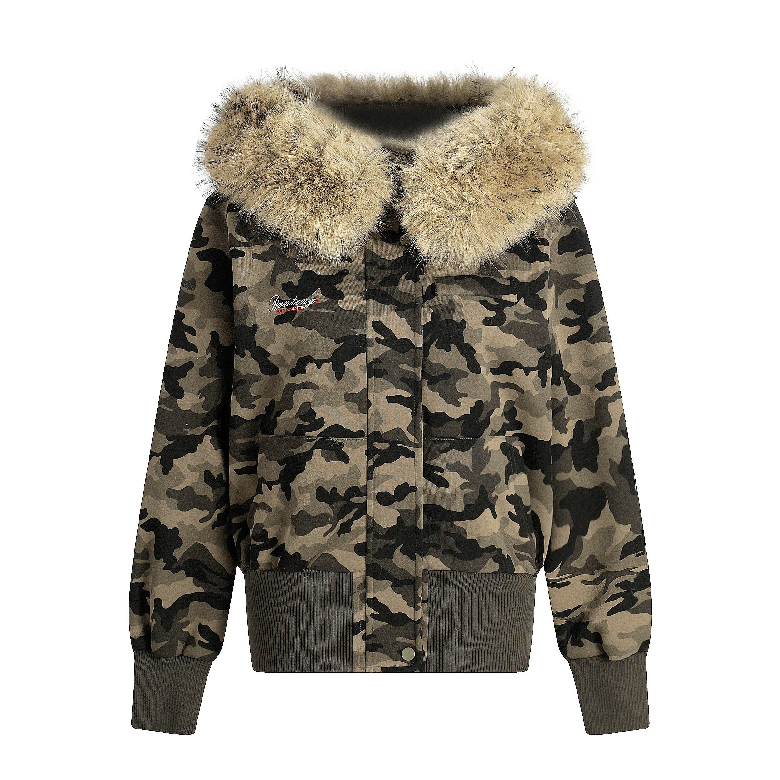 Furry Hooded Camo Short Jacket with Ribbed Hem