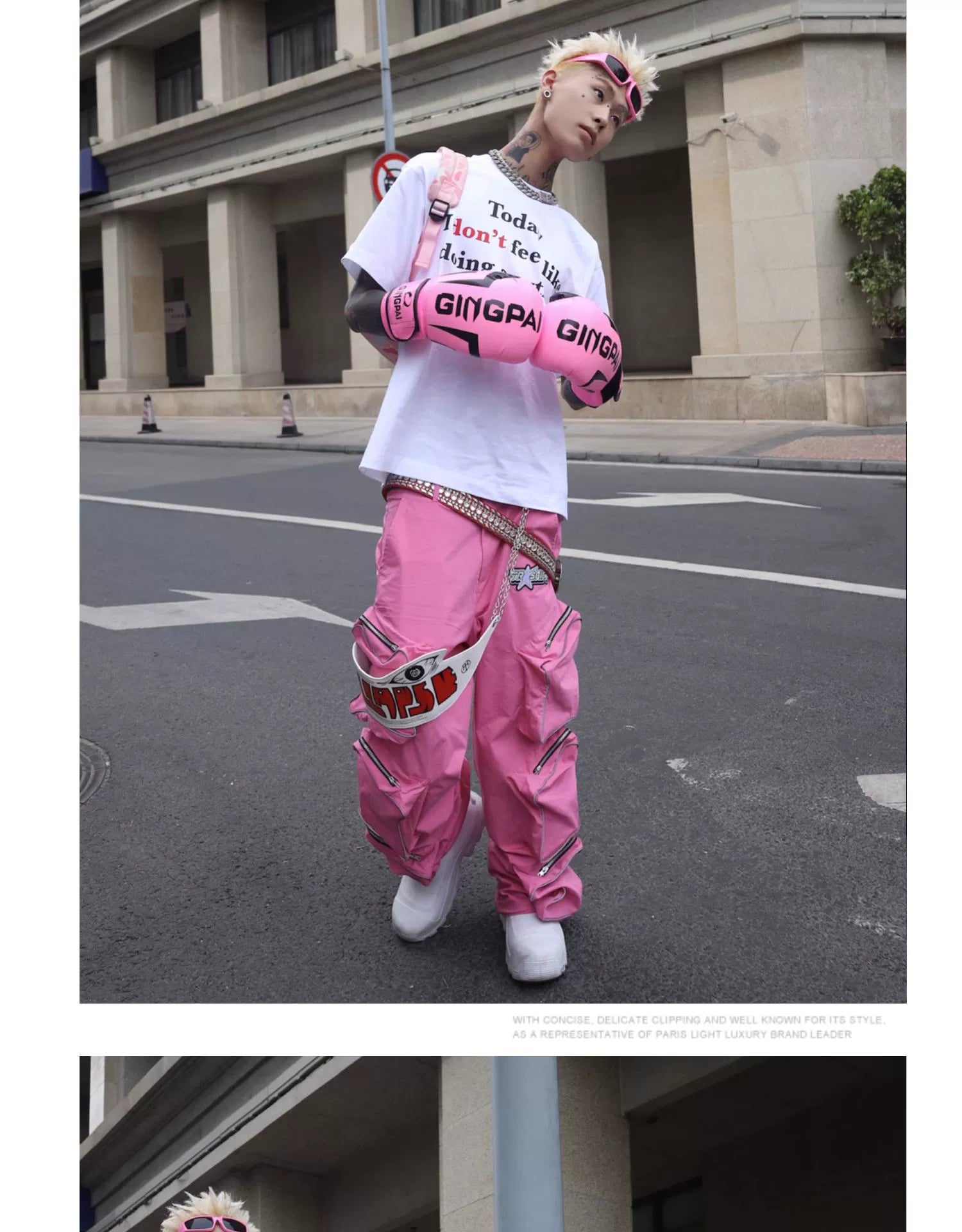 These reflective cargo pants from Sanhoostudio feature 3D star patches and bold avant-garde styling. The oversized fit and dark aesthetic make them ideal for nightwear, performance looks, or urban outfits, blending futuristic energy with functional streetwear practicality.