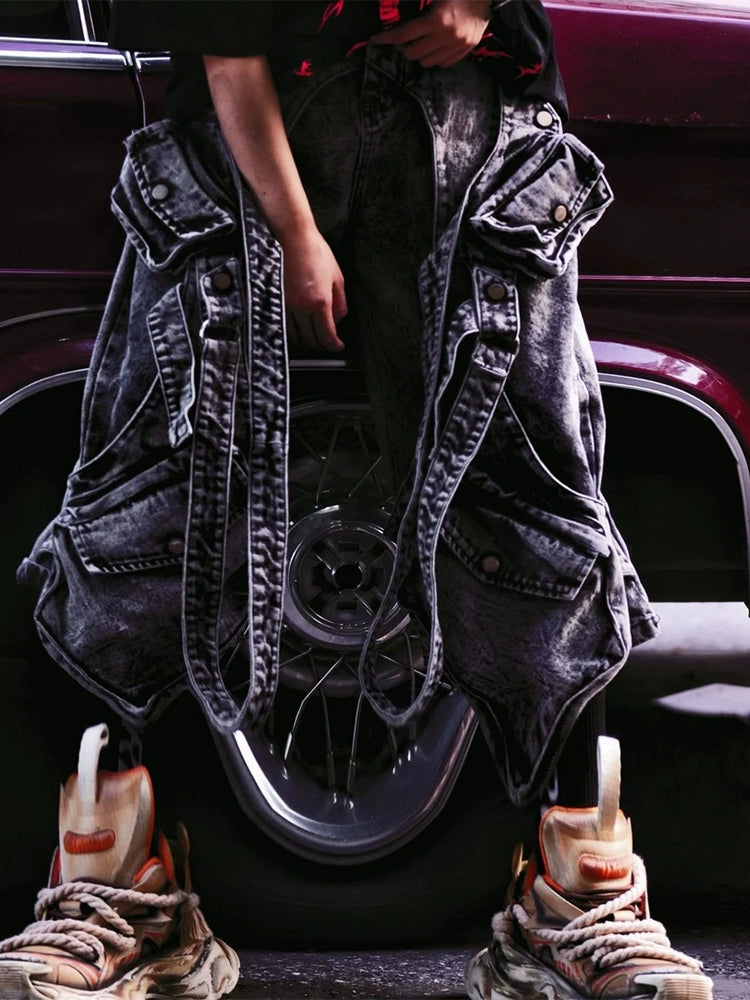 Washed Patchwork Denim Shorts & Overalls