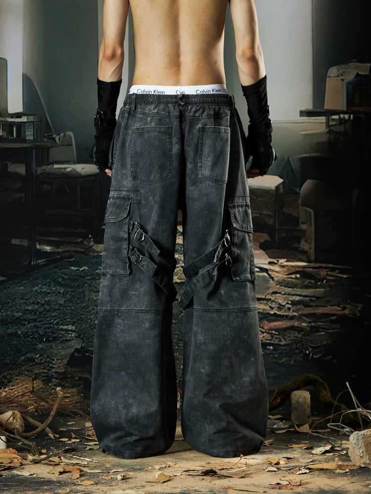 Washed Layered Pleated Multi-Pocket Utility Cargo Pants