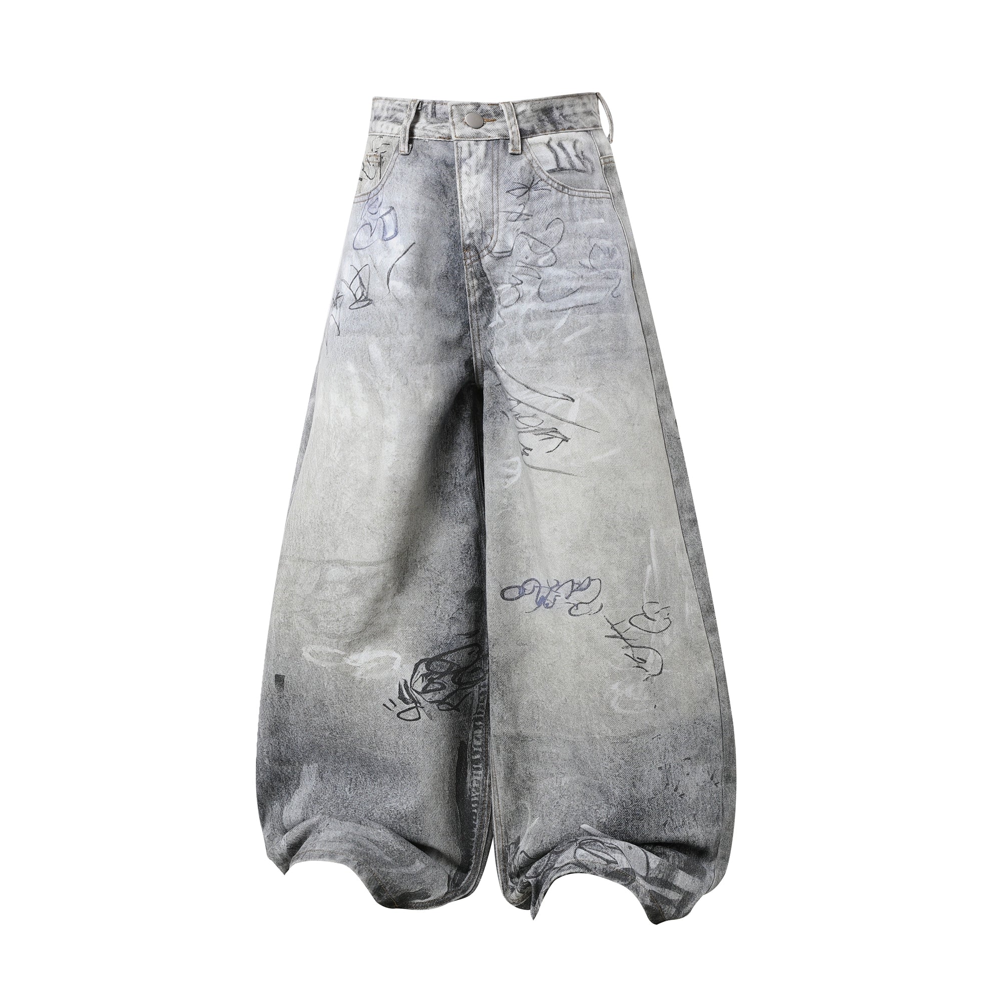 Crafted with graffiti-inspired wash and distressed texture, these Sanhoostudio denim pants bring American vintage energy and street-style confidence to life.