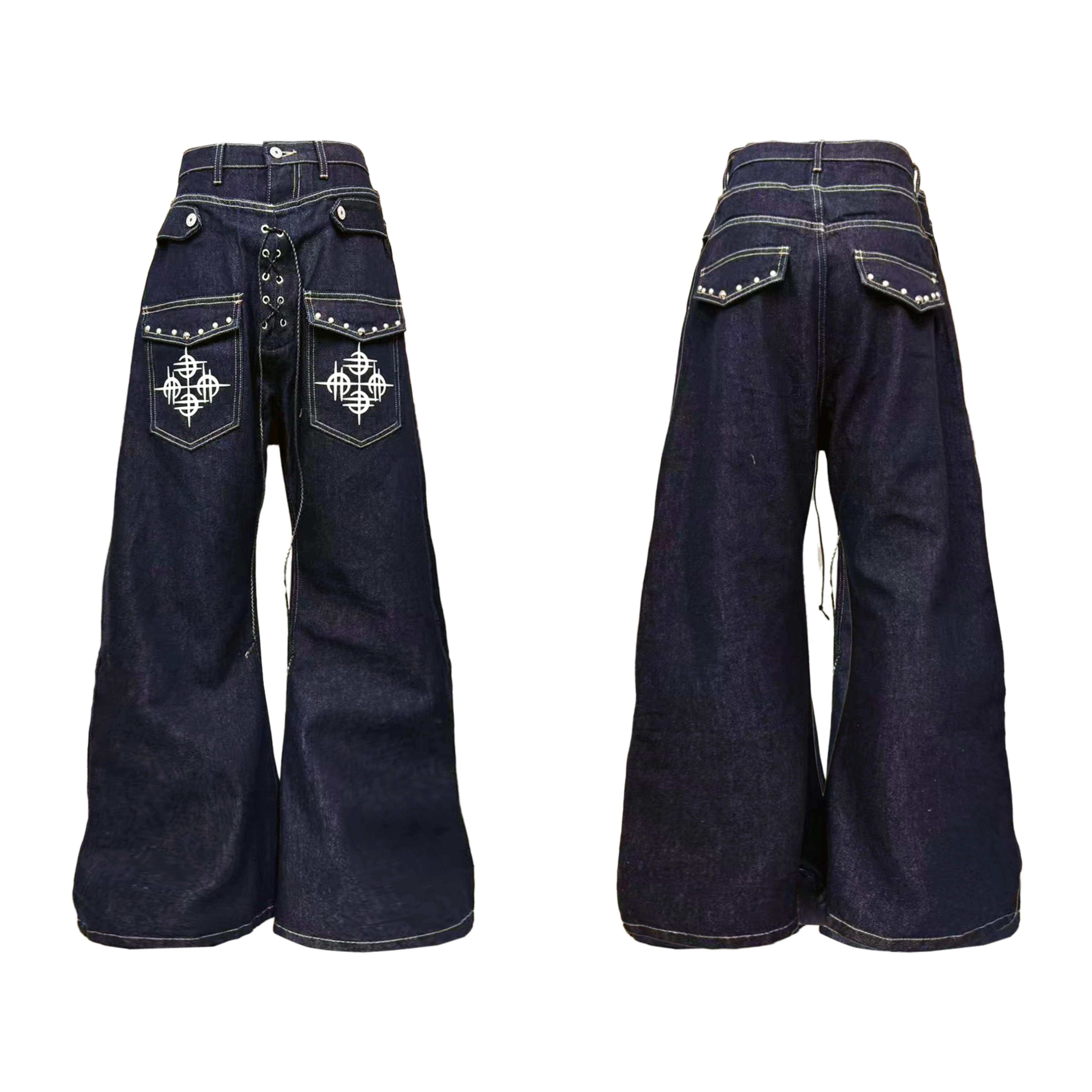 The Sanhoostudio double-waist jeans showcase a unique studded drawstring design with blade-cut legs. Their deconstructed silhouette and washed finish bring punk-inspired energy to everyday streetwear styling, making them a bold wardrobe choice.