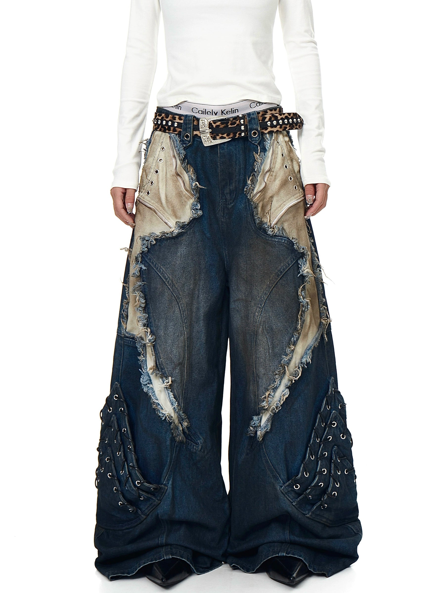 Heavy Washed Patchwork Distressed Deconstructed Wide-Leg Denim Pants