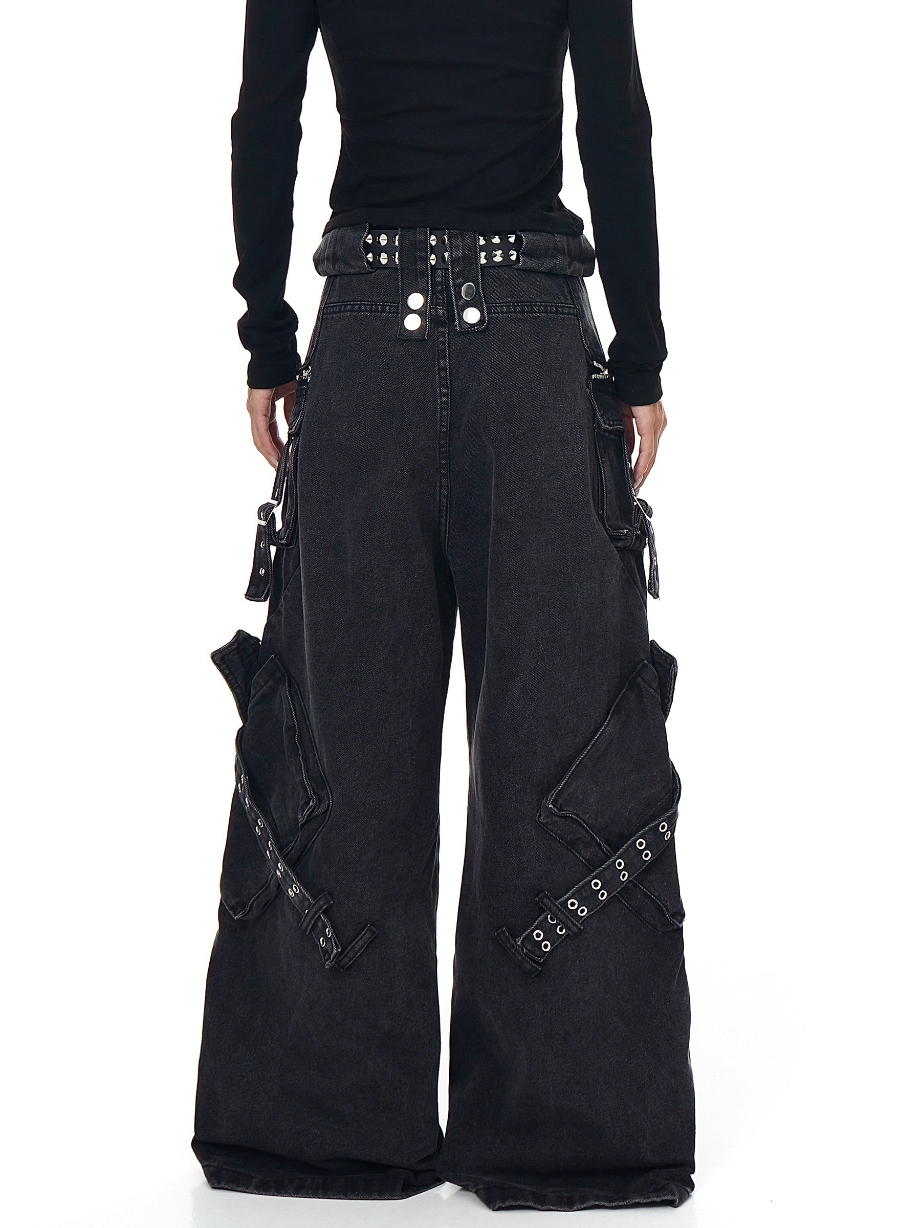 Washed Multi-Pocket Punk Cargo Denim Pants