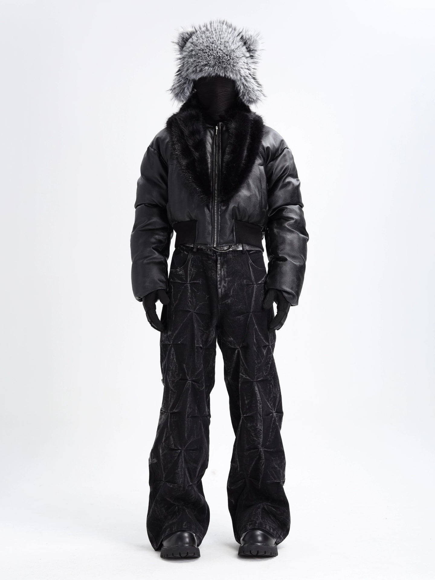 Faux-Fur Collar Leather Puffer Jacket