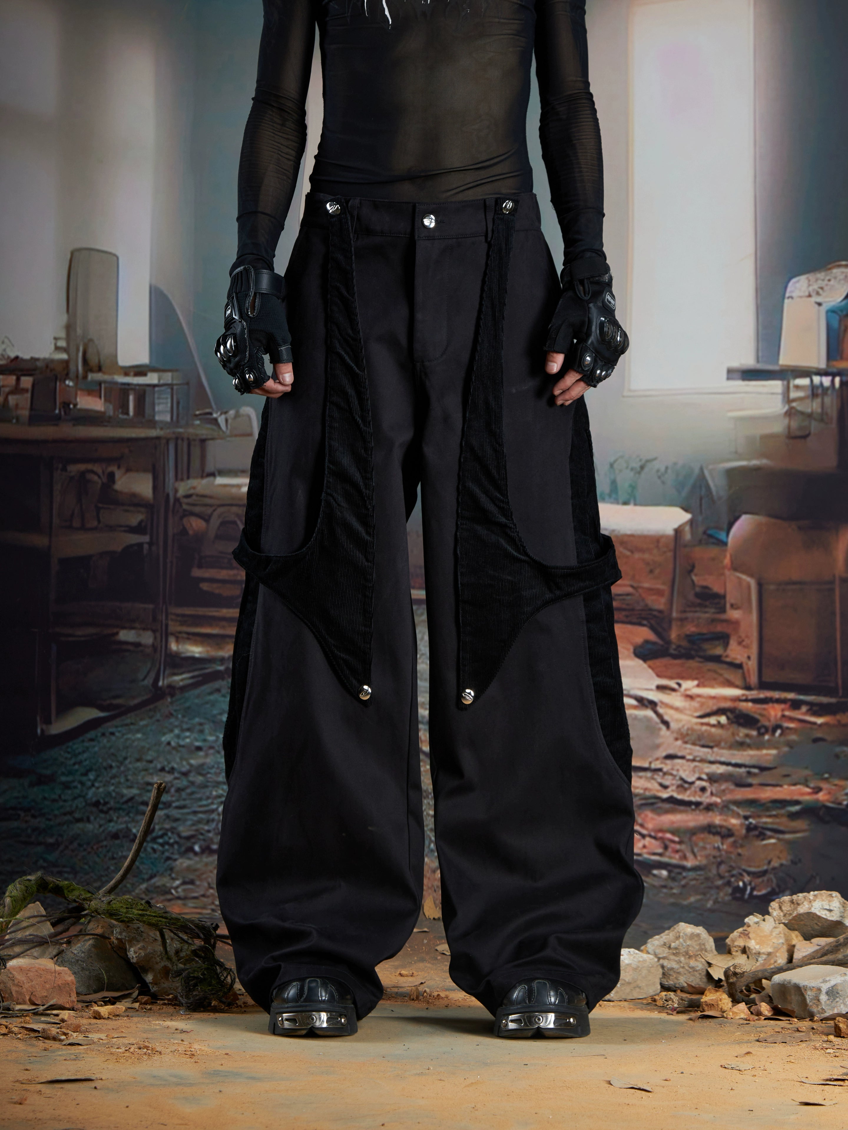 Detachable Panel Corduroy Straight-Leg Pants Two-Way Wear