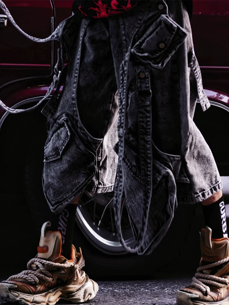 Washed Patchwork Denim Shorts & Overalls