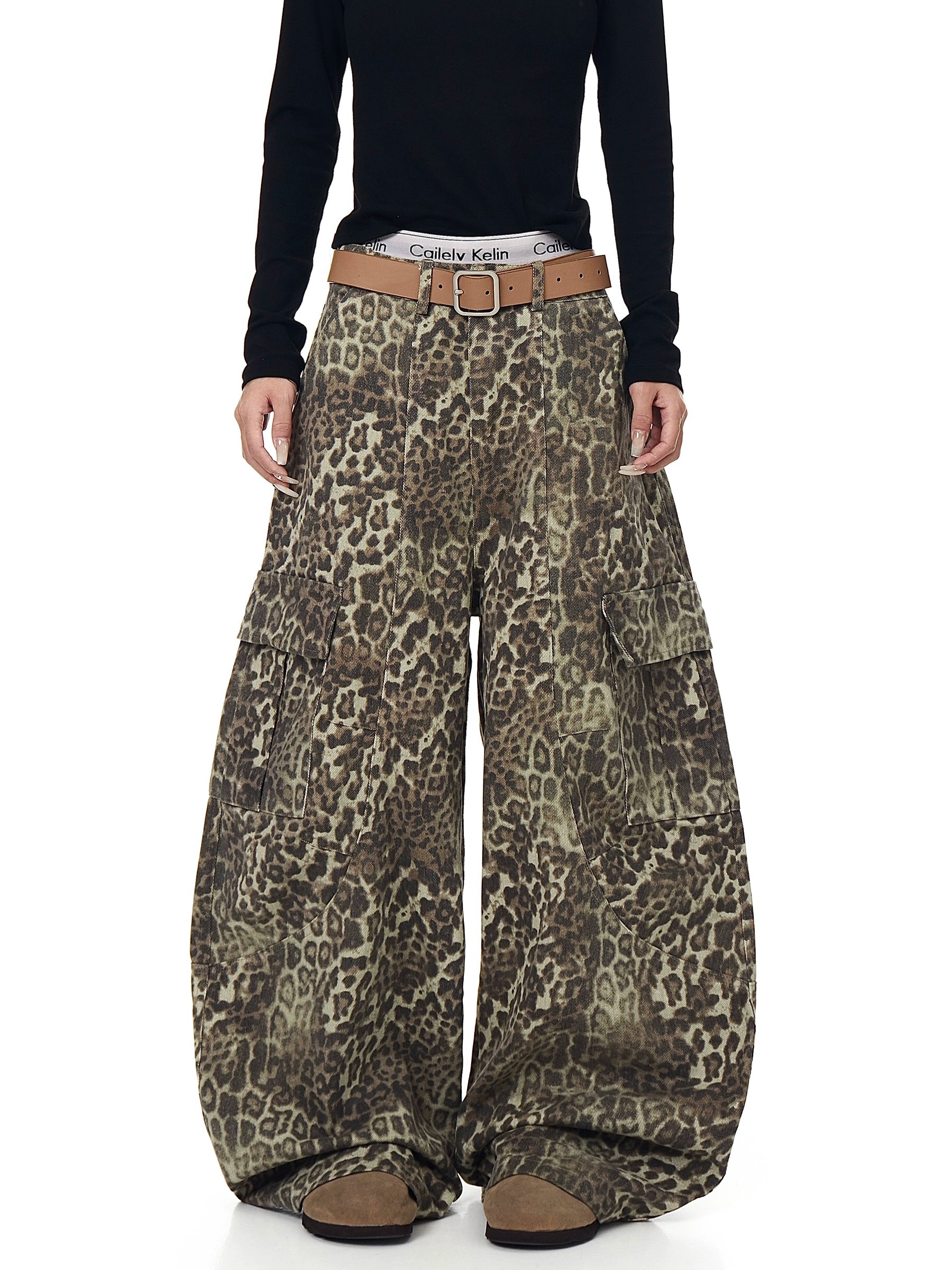 Leopard Multi-Pocket Cargo Denim Wide-Leg Pants