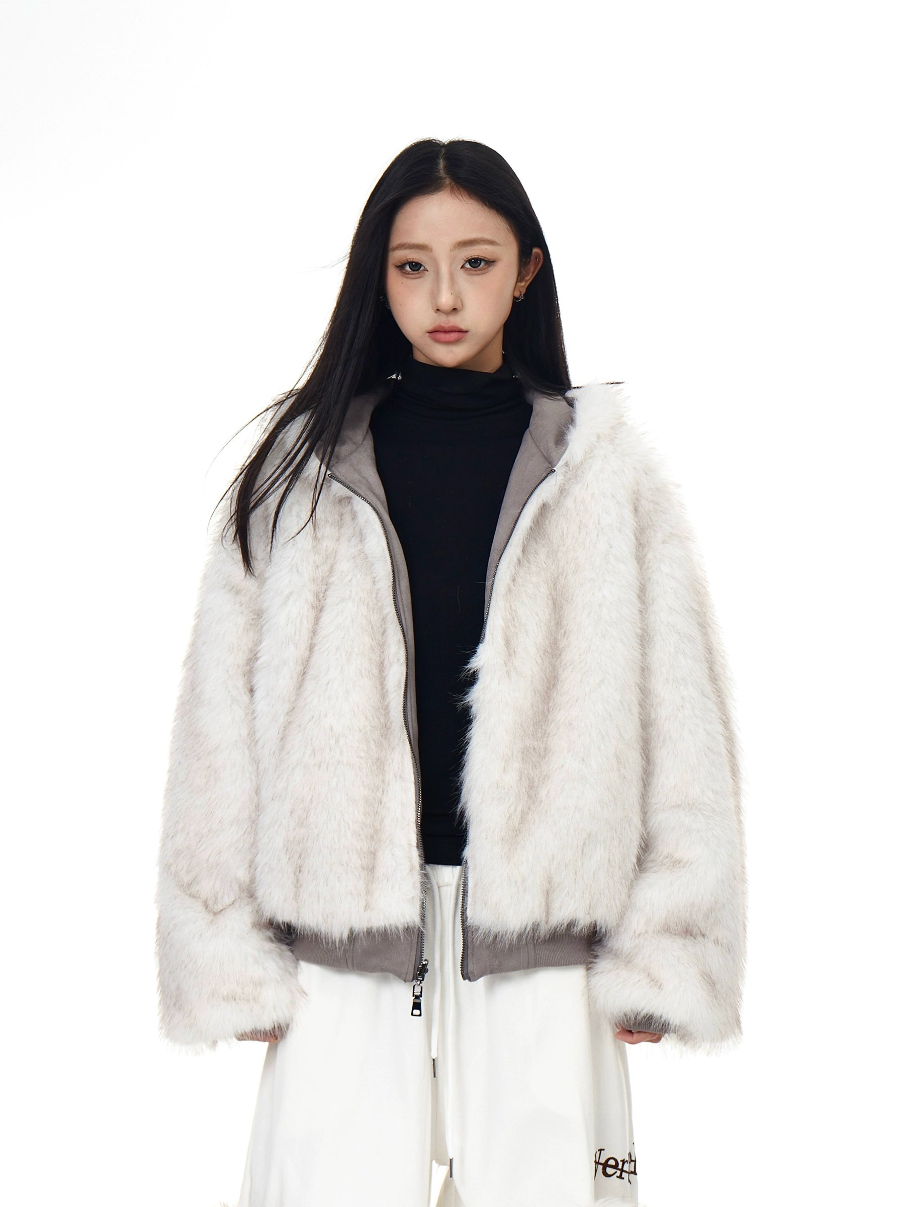 Reversible Suede-Fleece Hawk Fur Hooded Jacket