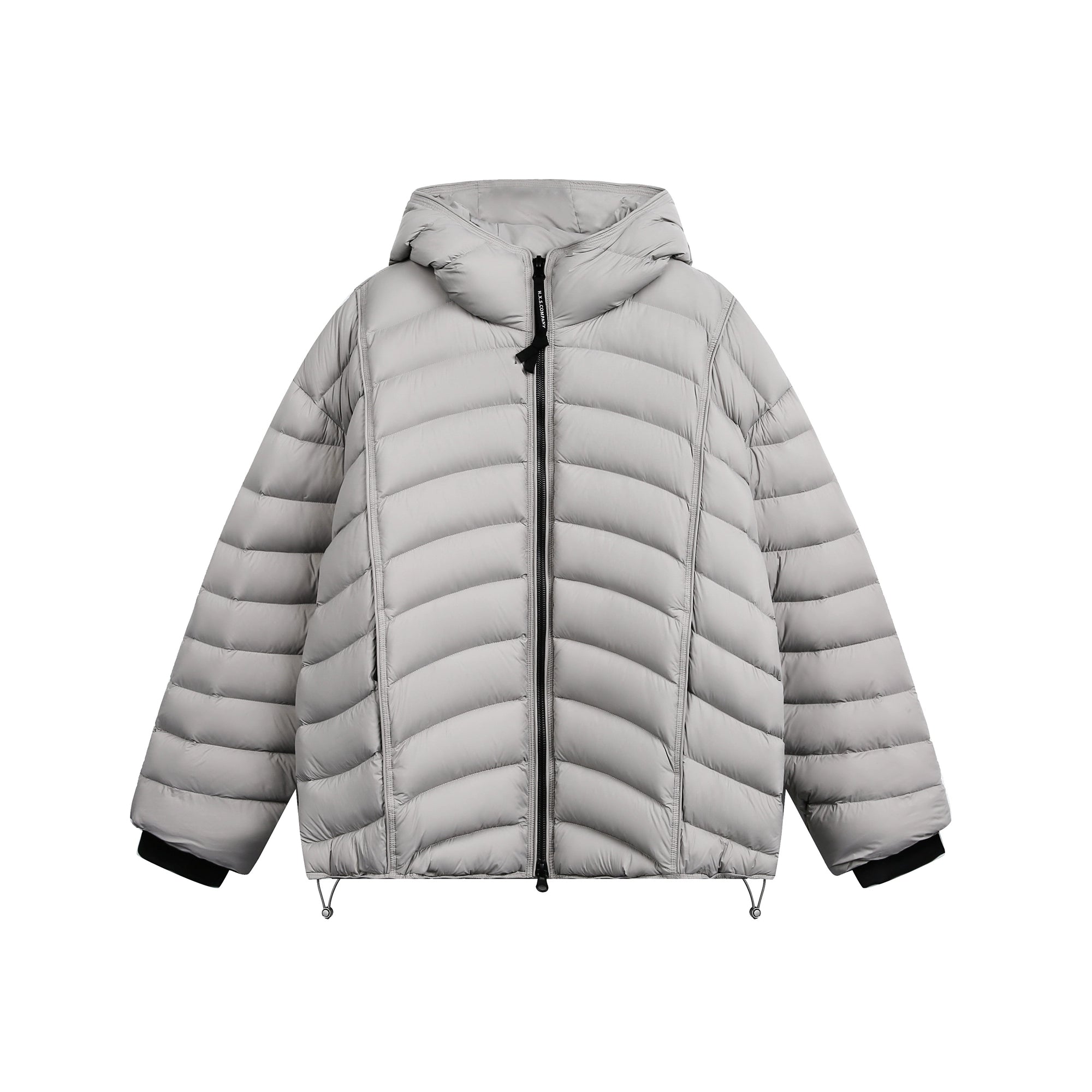 A premium 90% white-duck-down puffer coat featuring ribbed shell stitching and a protective hooded design. Ultra-warm, unisex, and built for winter street style. Only at Sanhoostudio.