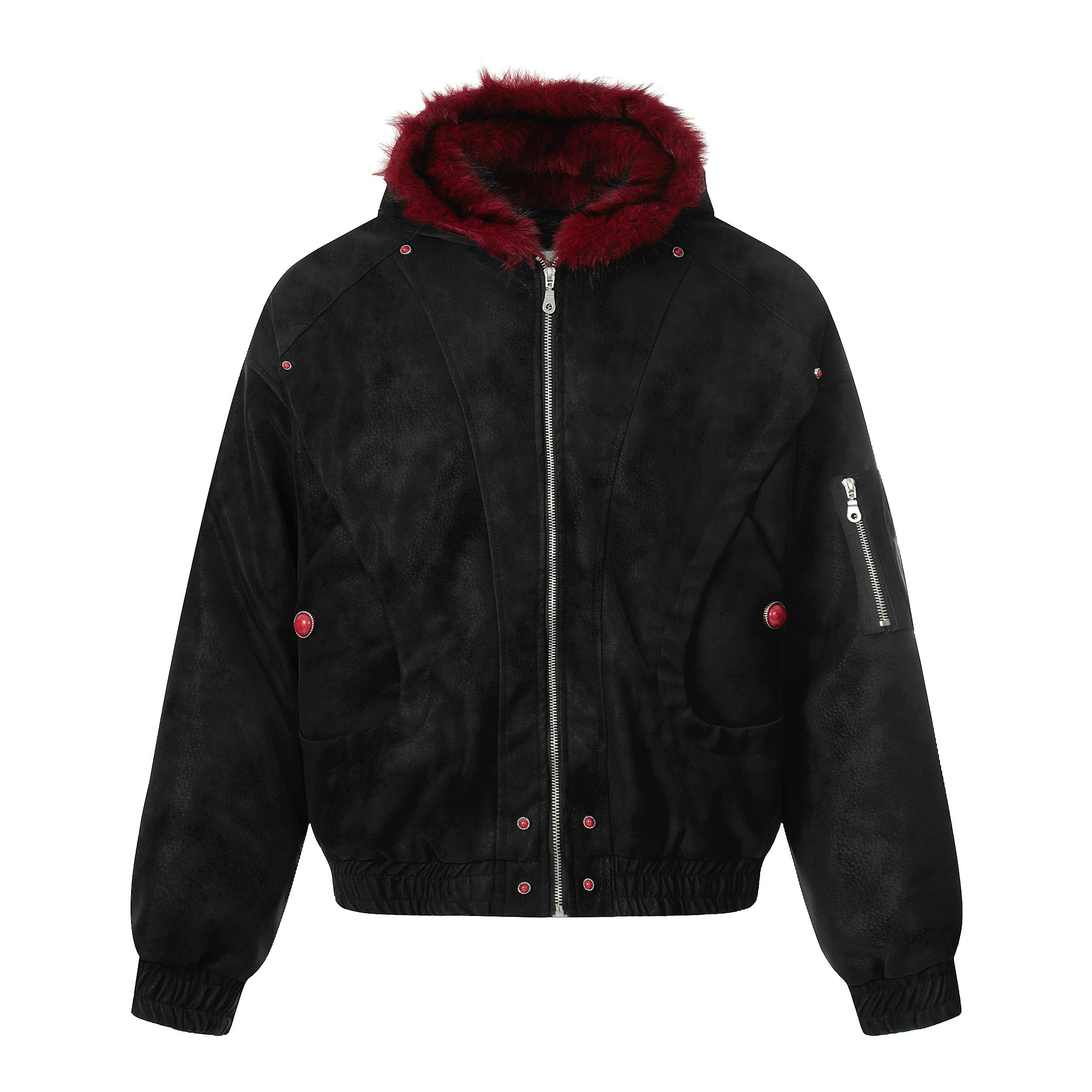 A dark-washed suede-look short puffer jacket with plush fur trim. Crafted by Sanhoostudio for bold winter layering and warm street-style expression.