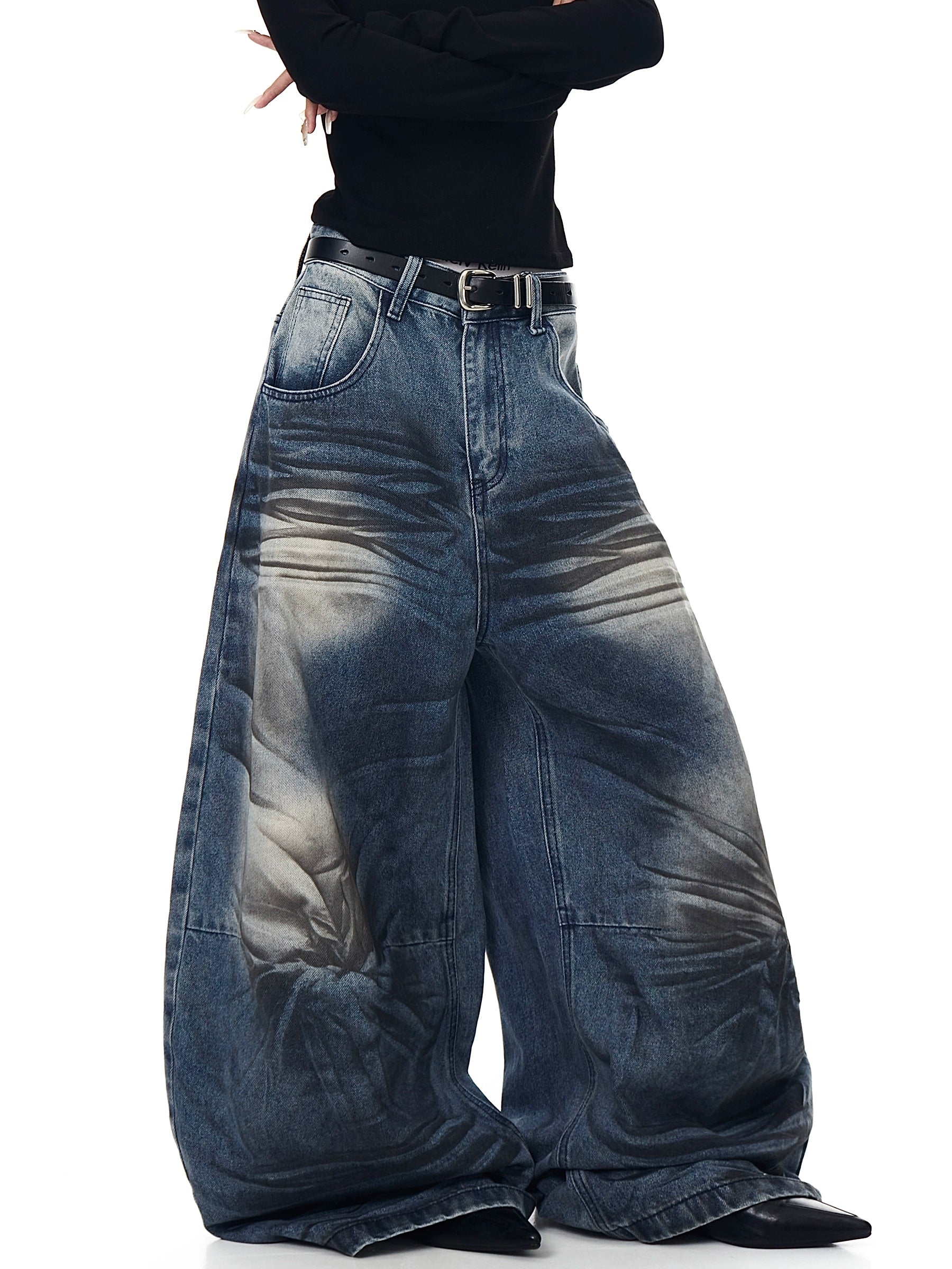 Washed Whisker Curved Denim Wide-Leg Jeans