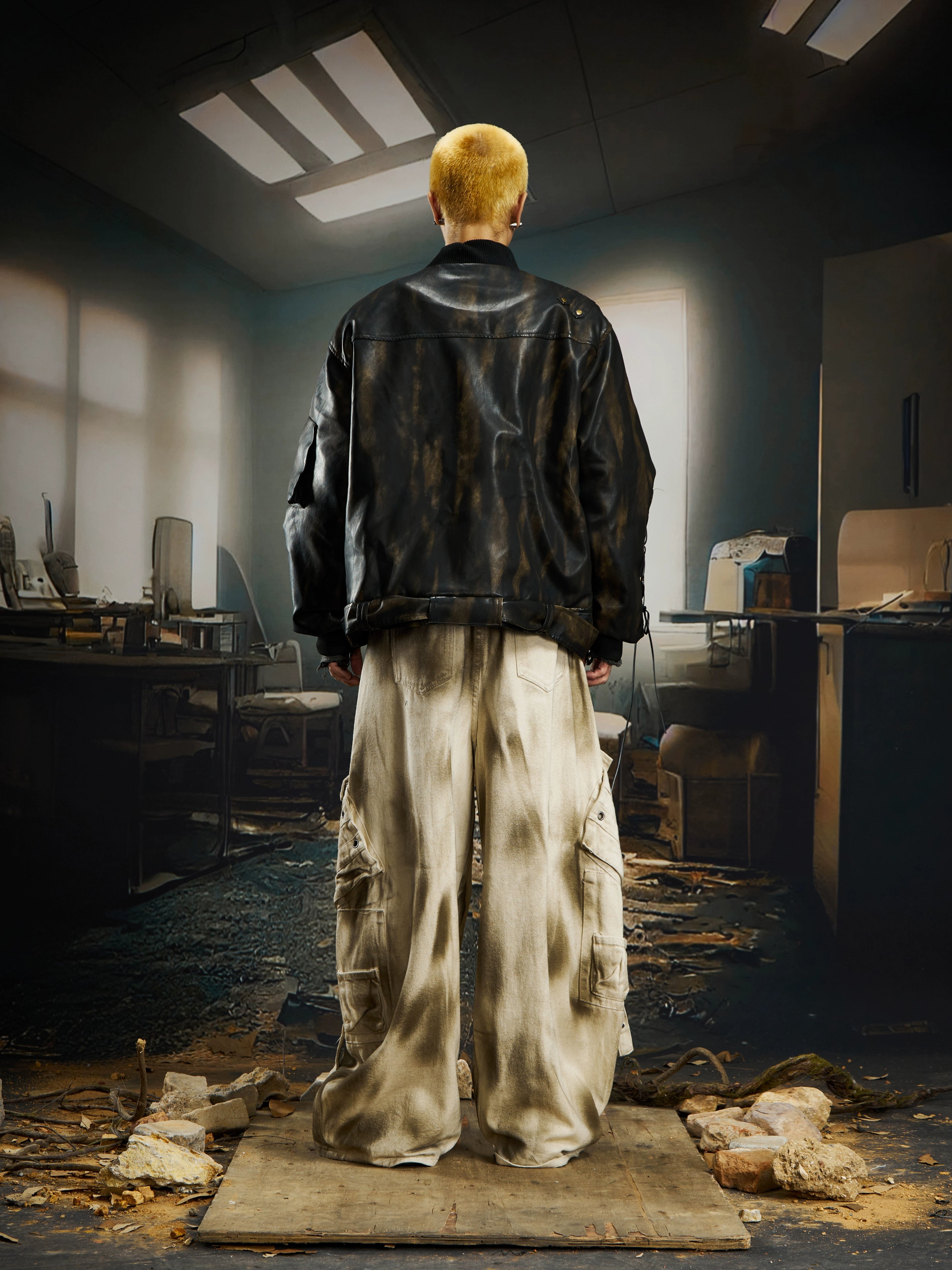 Heavy-Washed Vintage Quilted Moto Jacket