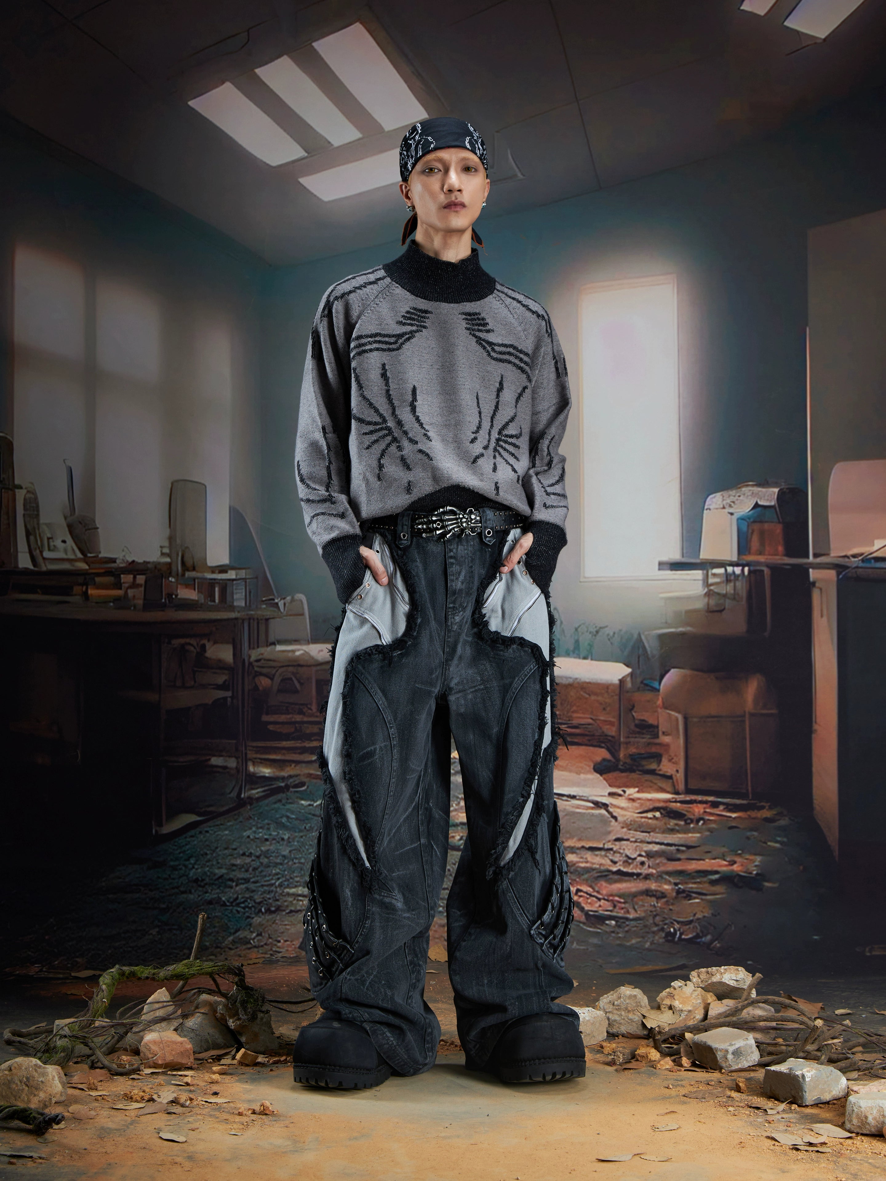 Futuristic Turtleneck Knit Sweater with Ninja Sleeve Design